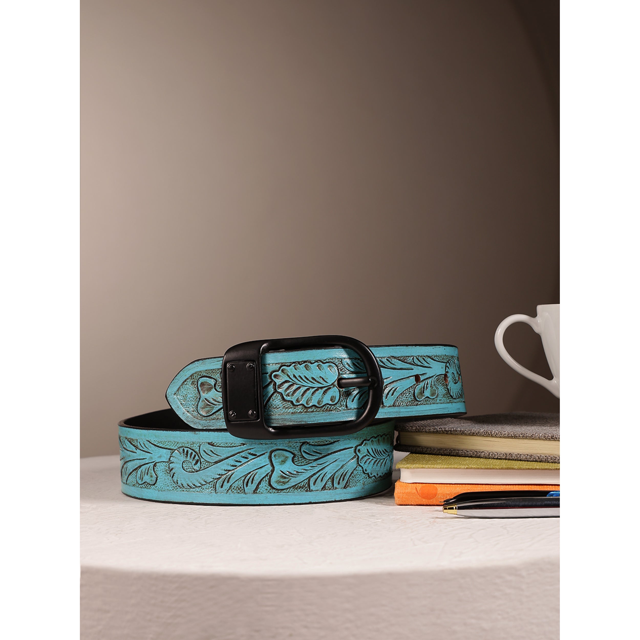 Unisex Genuine Leather Embossed Turquoise Floral Western Waist Accessory Black Buckle