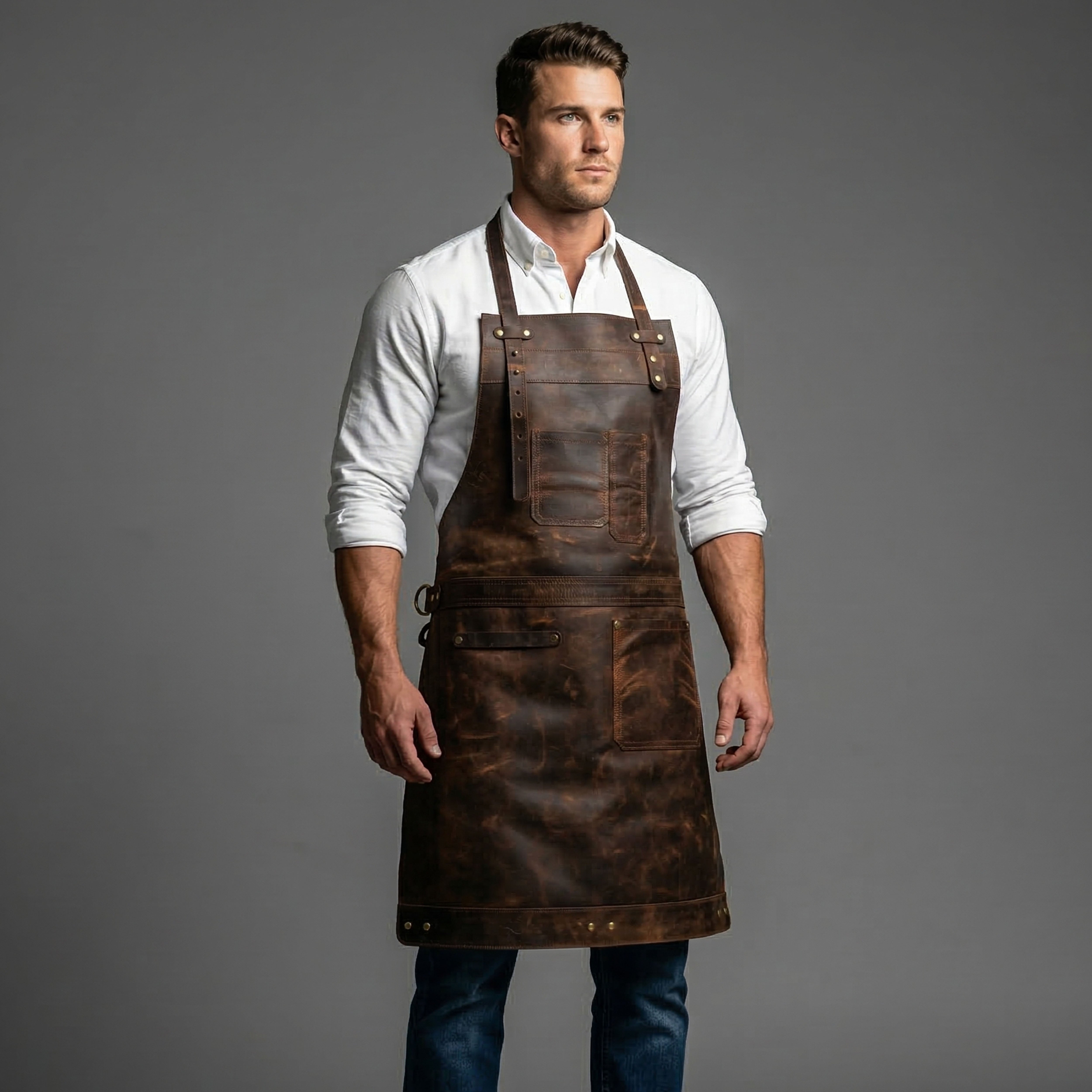 Premium Genuine Leather Brown Bib Apron  with SnapLock Utility Design