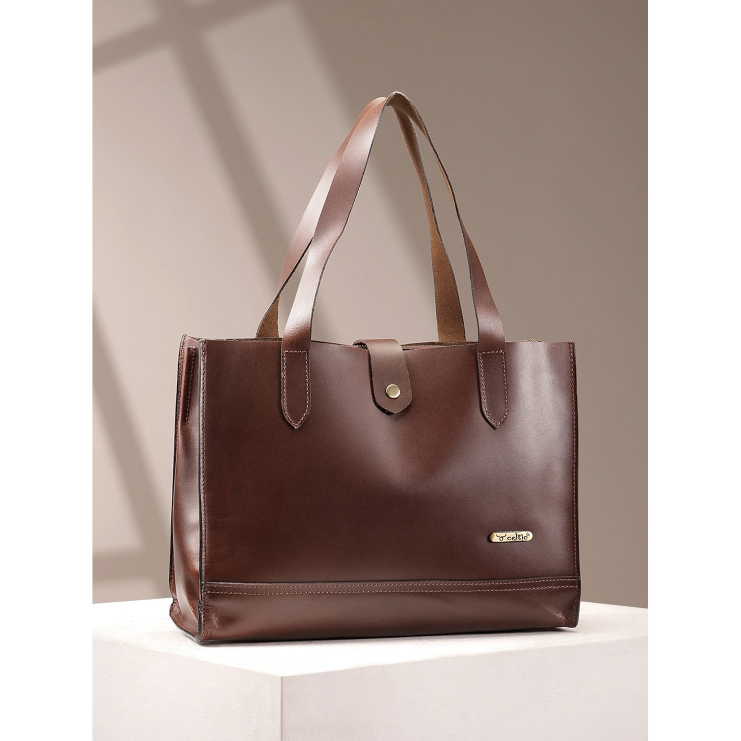 Premium Genuine Leather Structured Shopper Tote with Dual Compartments & Snap Closure