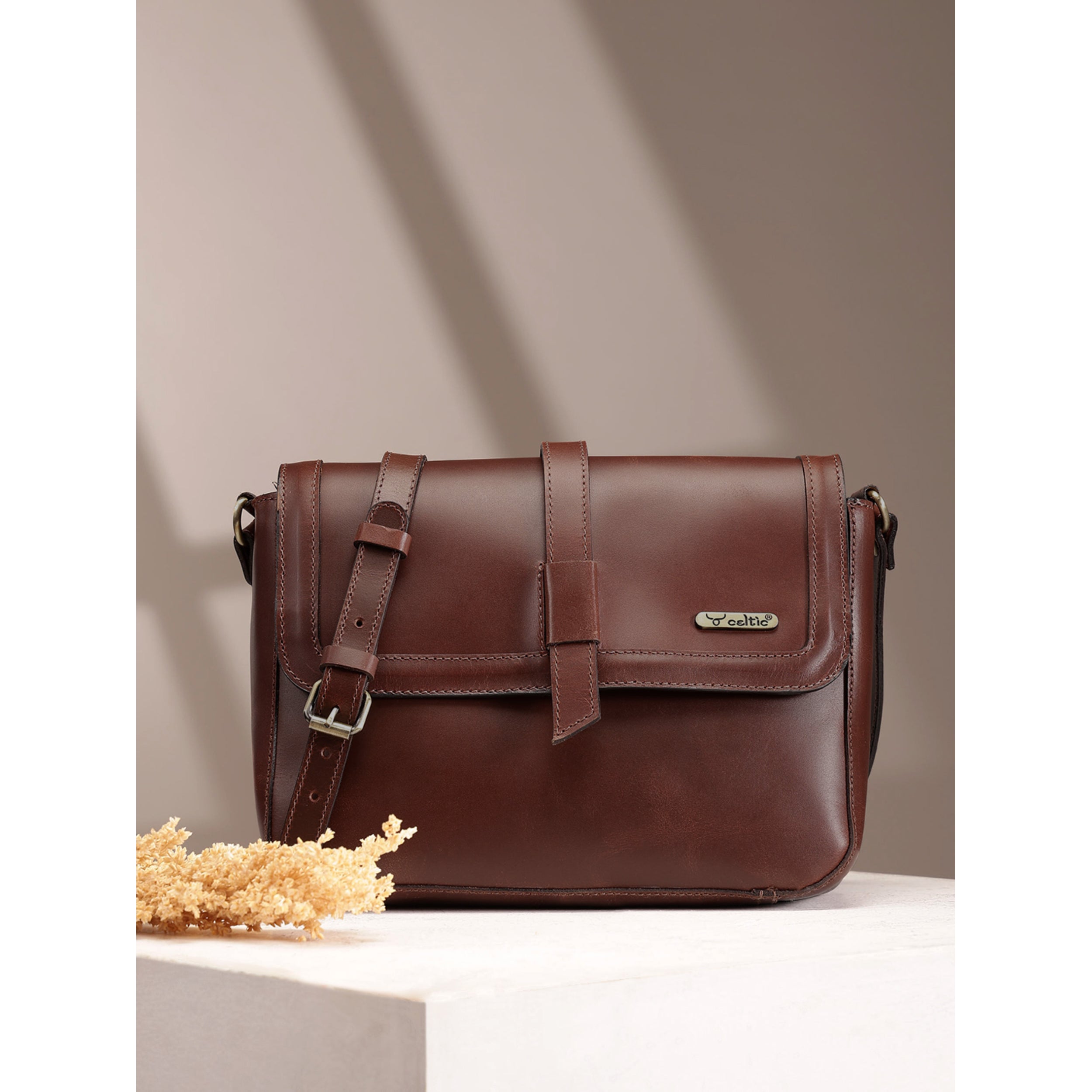 Premium Genuine Leather Sling Bag with Flap Closure,  & Adjustable Strap