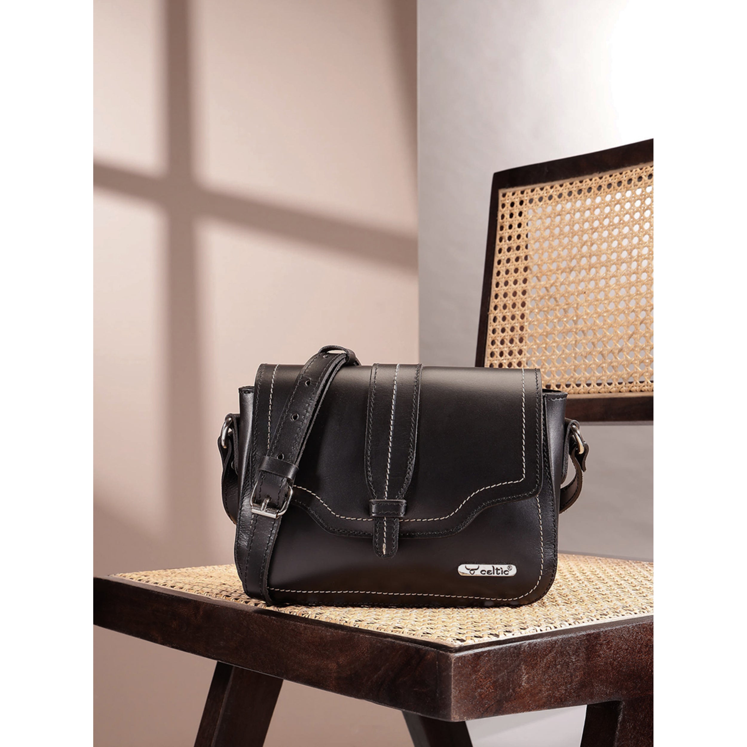 Premium Genuine Leather Crossbody Bag with Front Flap &  White Stitch Detailing