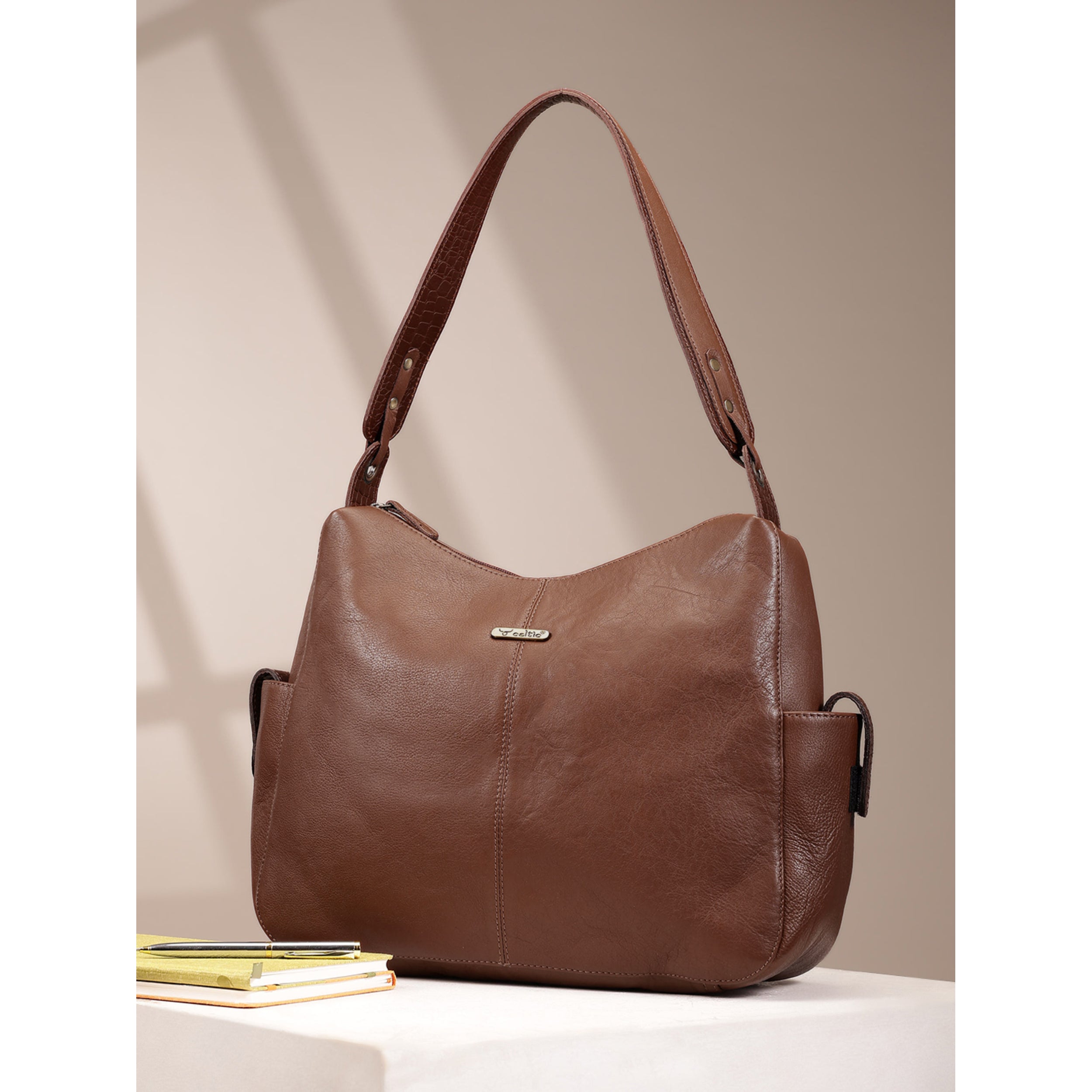 Premium Genuine Leather Hobo Shoulder Bag with Zippered Pockets & Fixed Strap