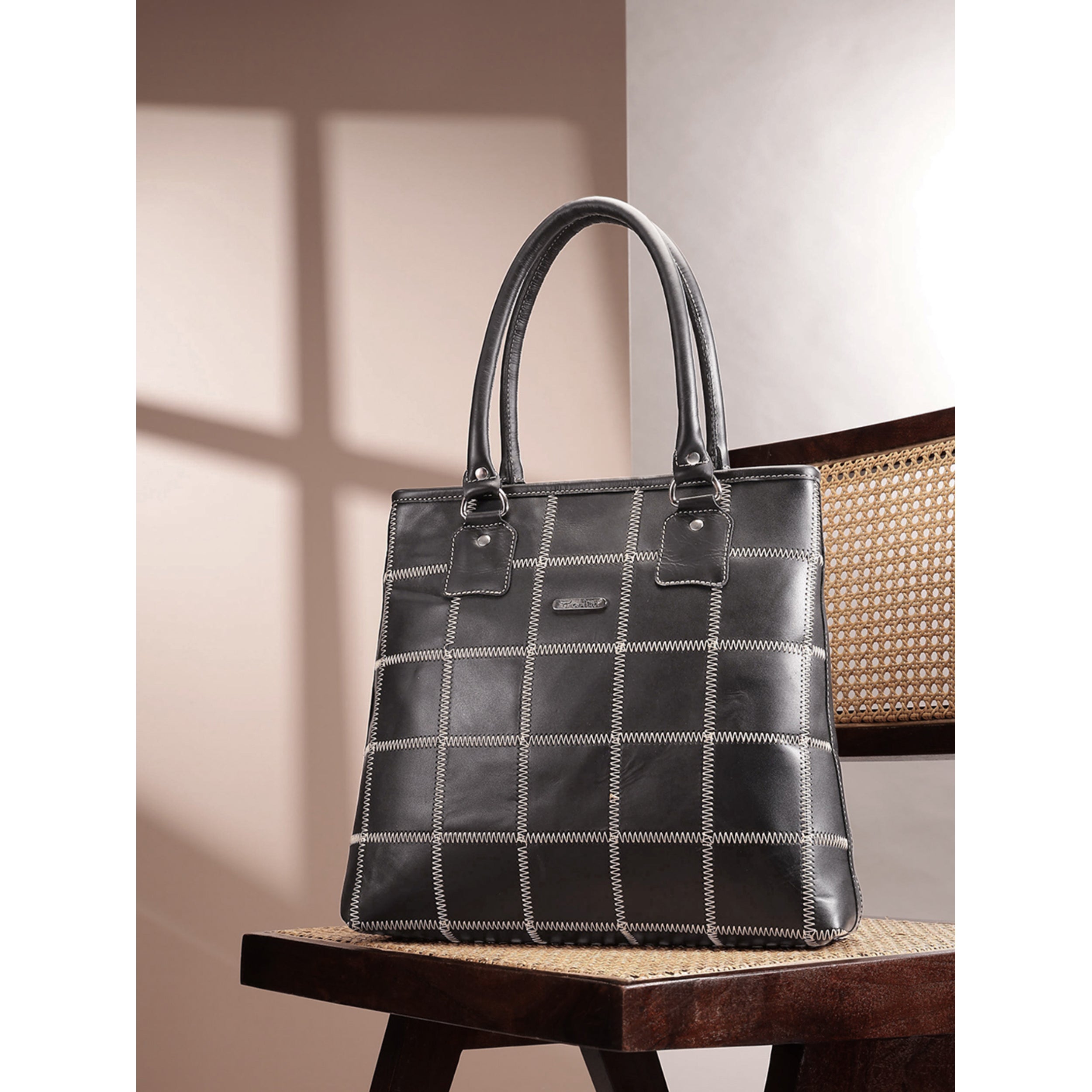 Premium Genuine Leather Shoulder totebag with Grid Stitching & Zip Closure