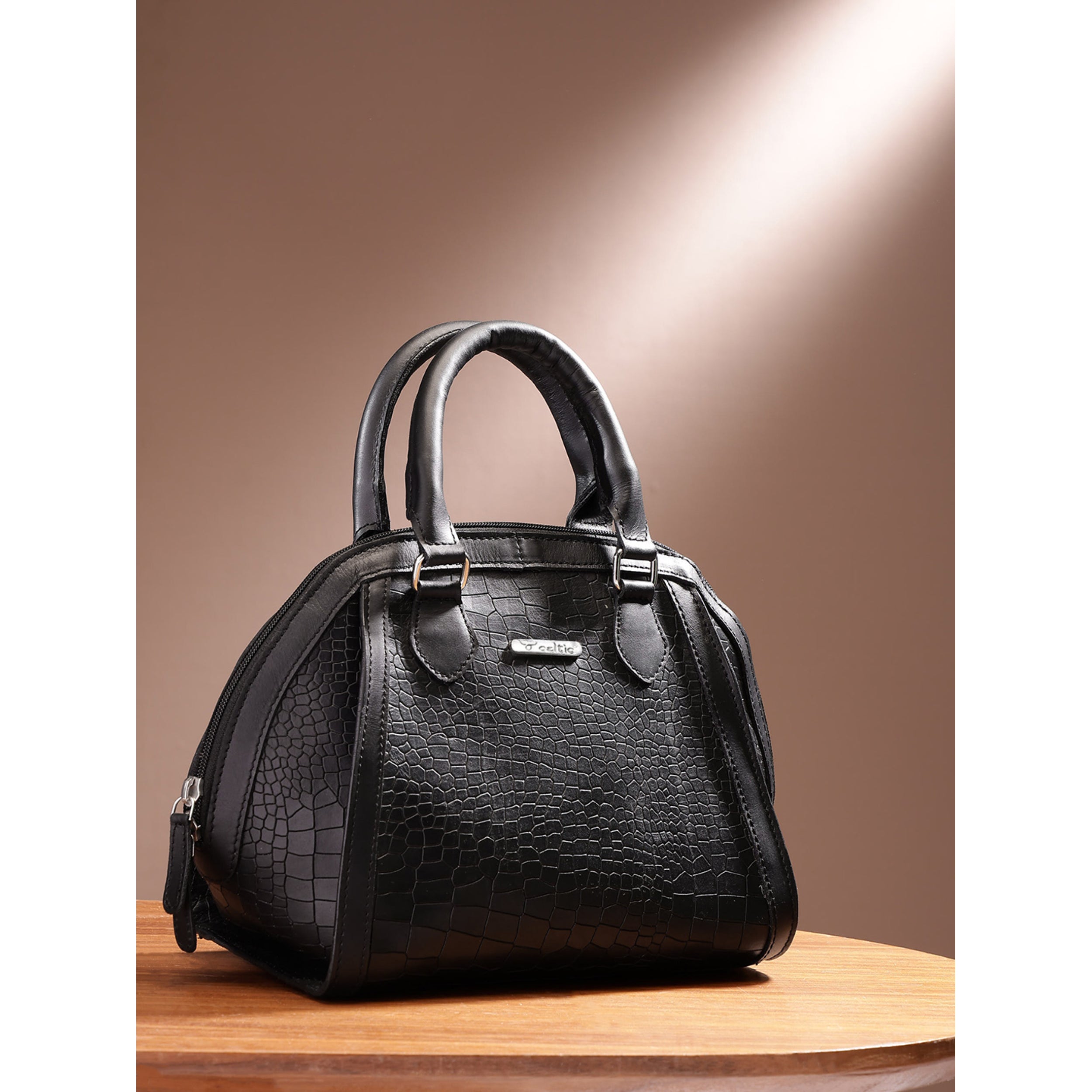 Premium Genuine Textured Leather  Satchel Handbag with Dual Handles, Detachable Strap & Zip Pockets