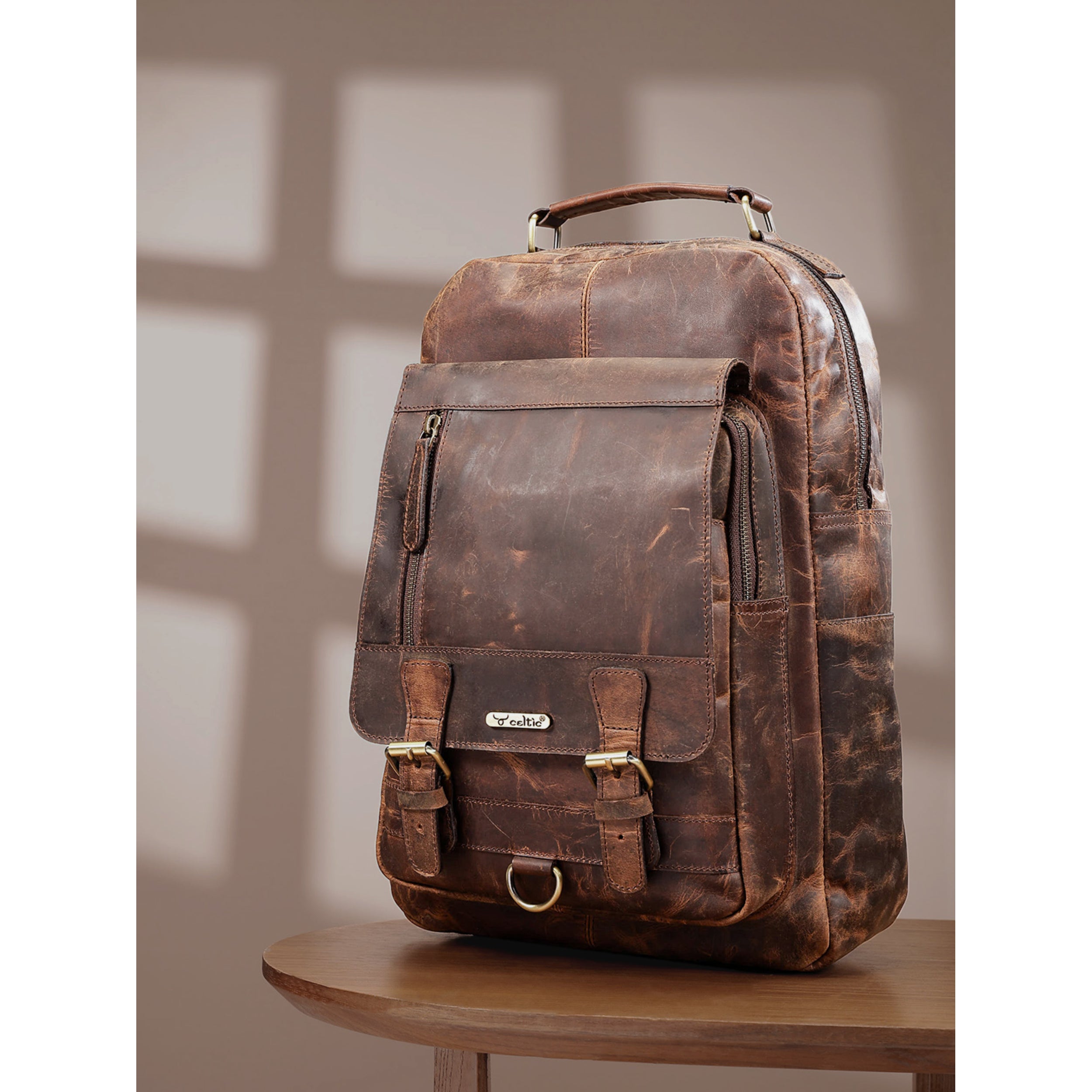 Premium Genuine Leather Backpack with Front Zip Pocket & Padded Shoulder Straps