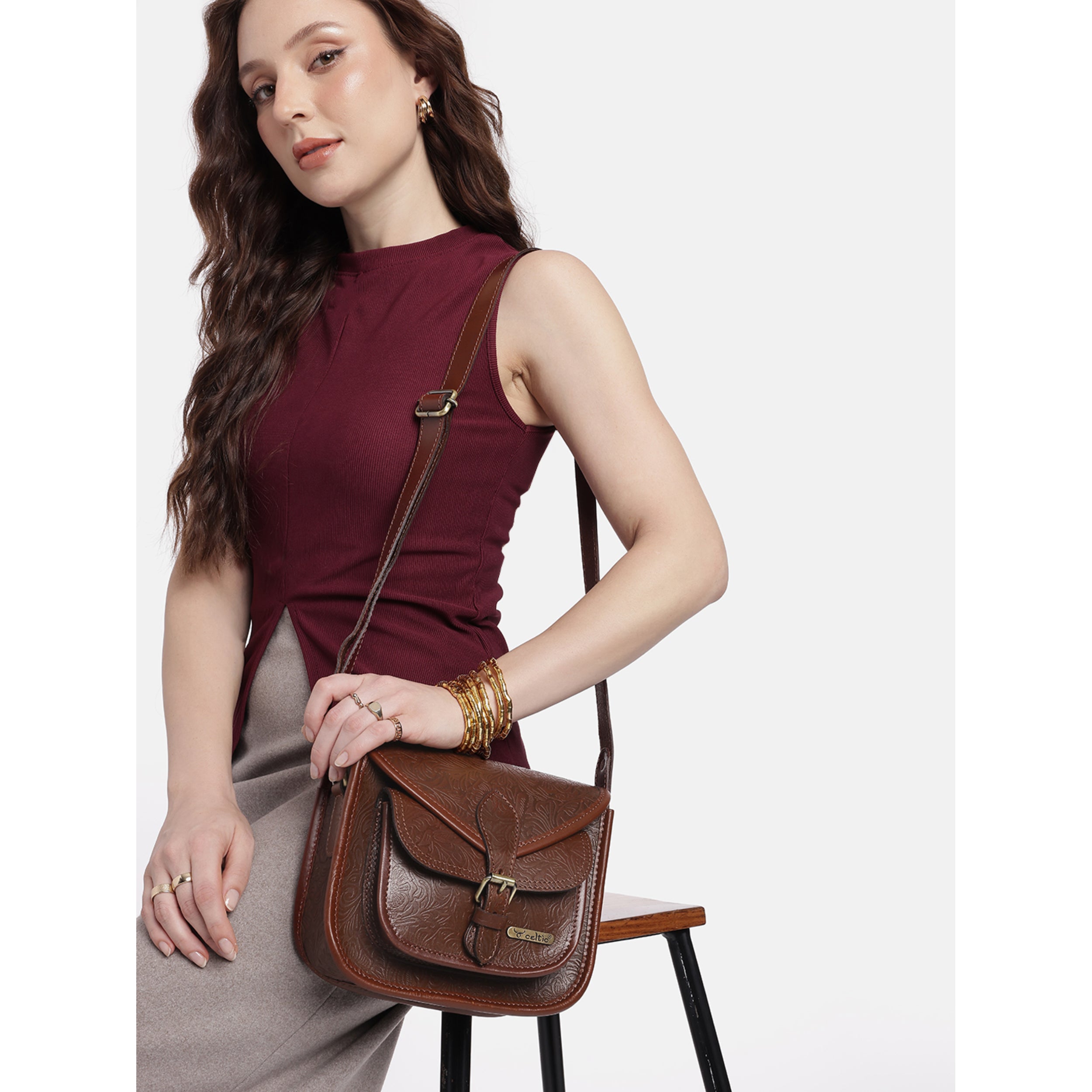 Premium Genuine Embossed Leather Sling Bag with Buckle Flap & Front Pocket