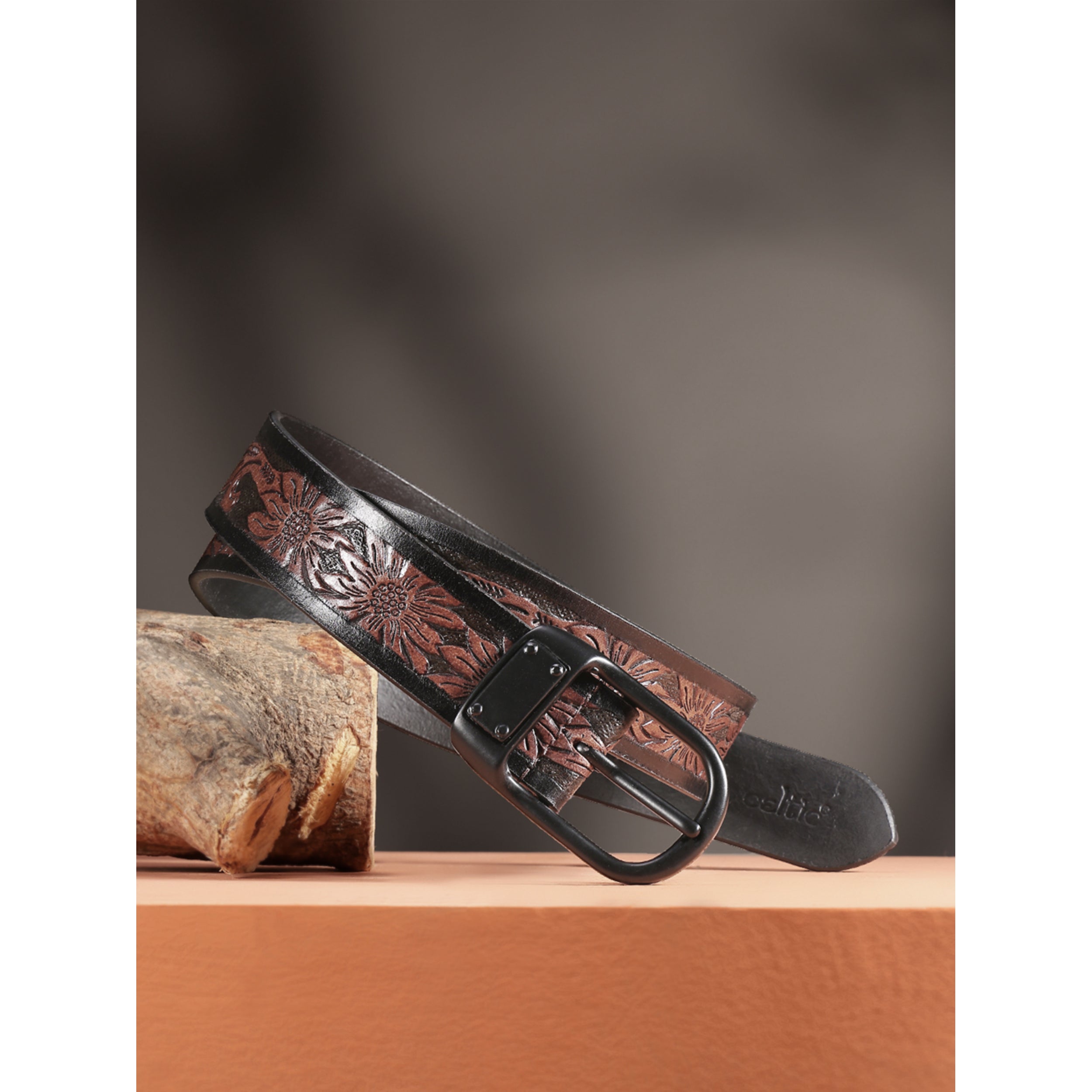 Unisex Genuine Leather Floral Embossed Brown Waist Accessory Matte Black Buckle