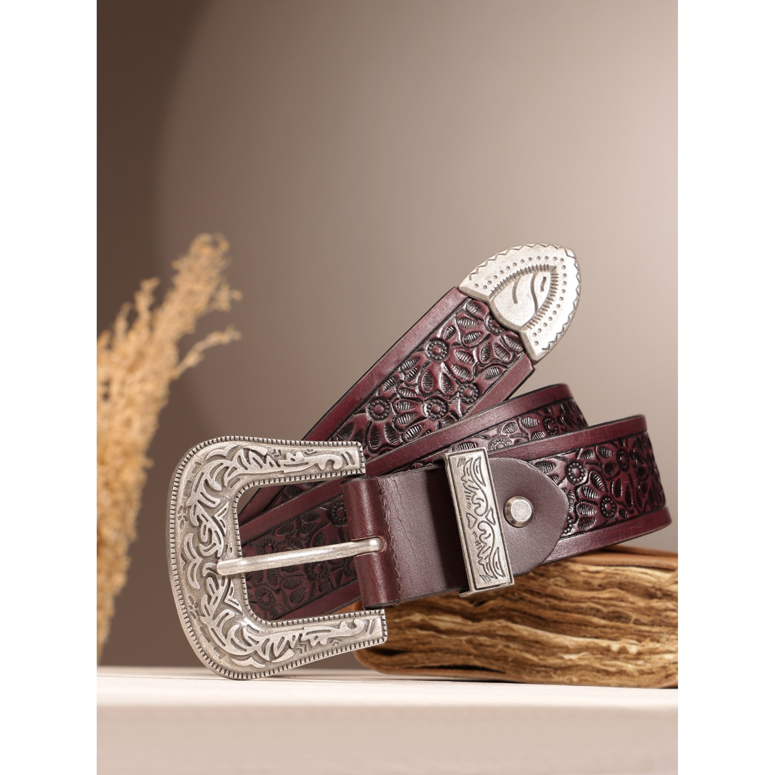 Vintage Floral Embossed Leather Belt With Ornate Silver Buckle For Men