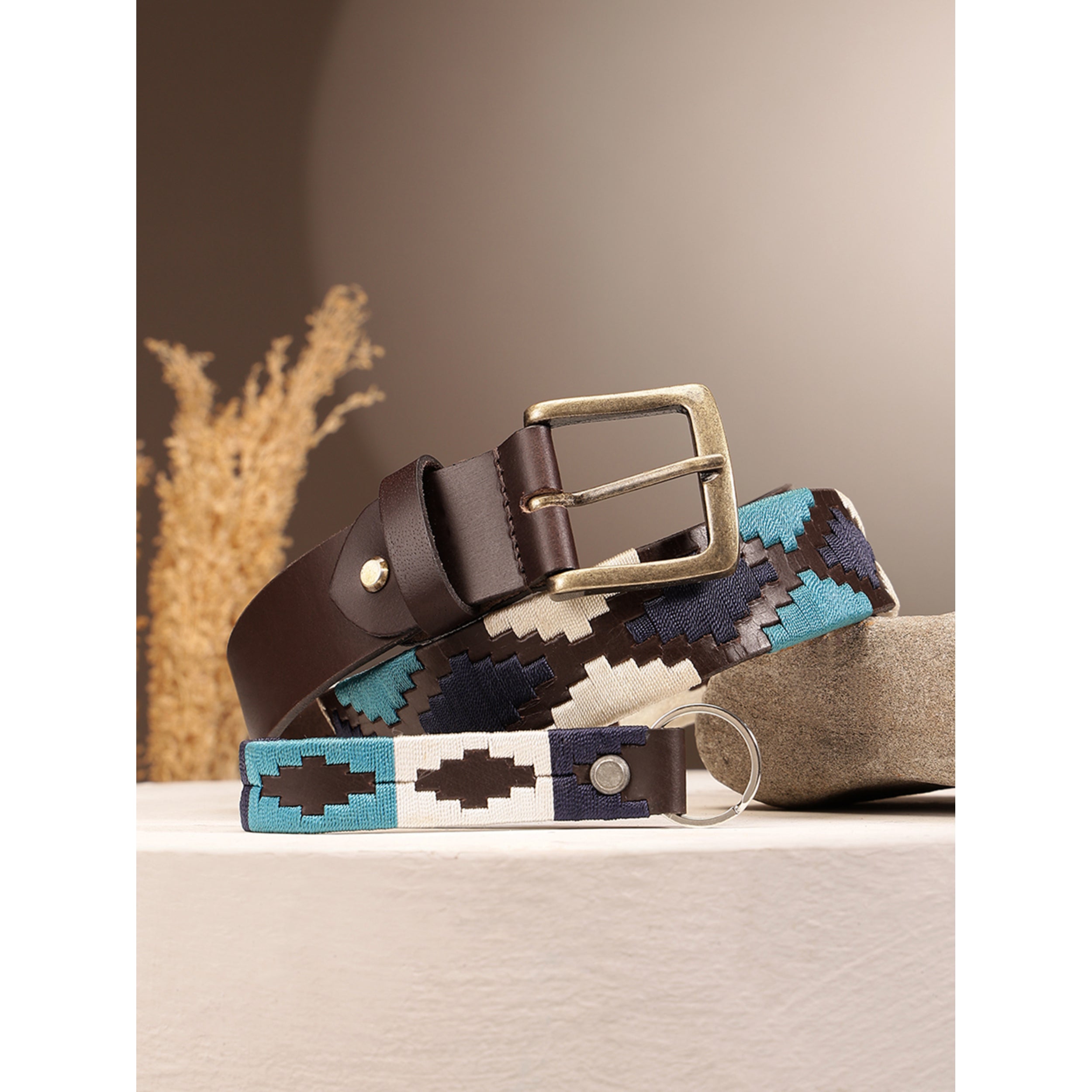 Unisex Handcrafted Woven Leather Belt With Geometric Pattern And Antique Buckle Design