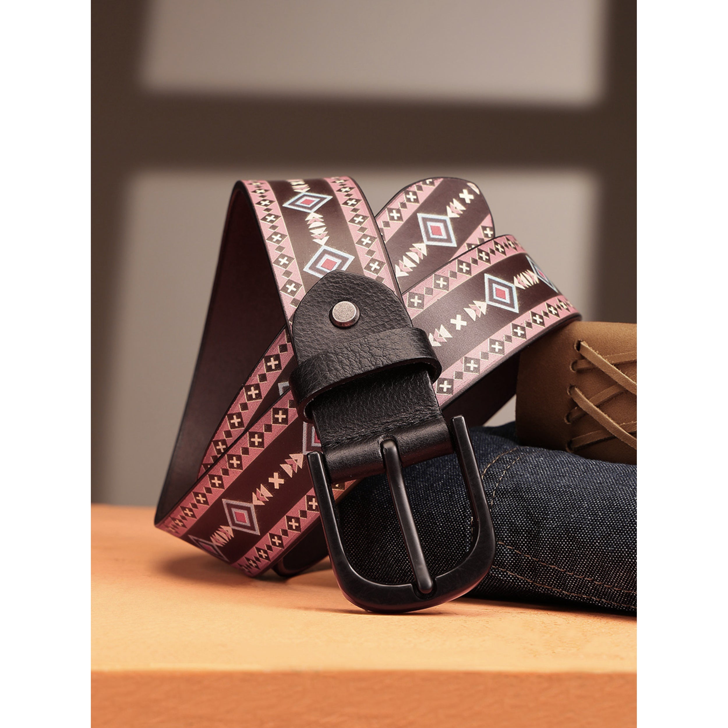 Unisex Geometric Patterned Leather Belt With Black Buckle For Casual Everyday Wear