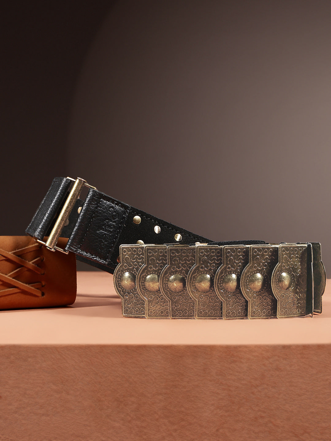 Women Studded Leather Waist Belt With Gold Tone Fastening For Stylish Everyday Outfits