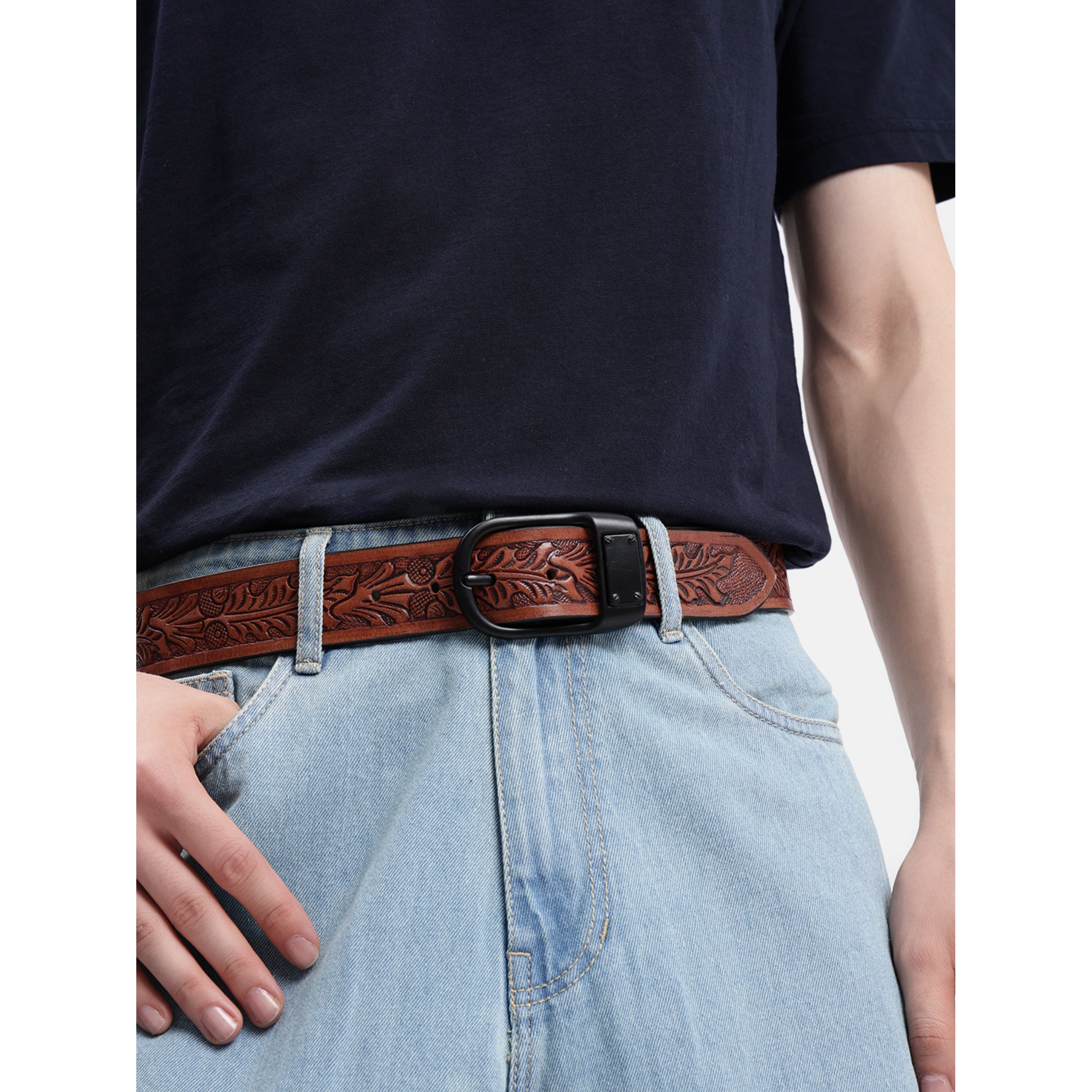 Premium Genuine Leather Embossed Brown Western Waist Accessory Matte Black Buckle