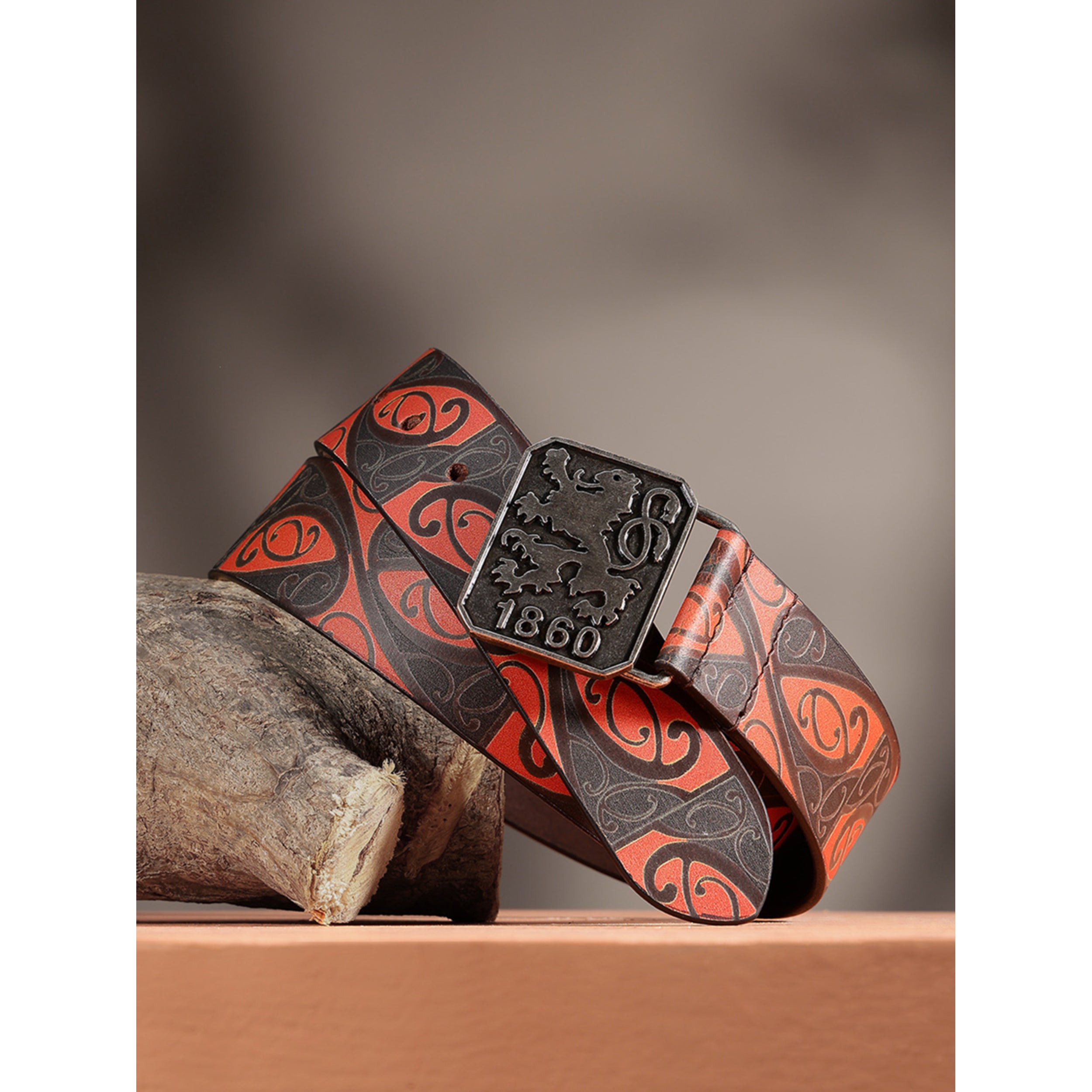 Men Genuine Leather Red Black Tribal Scroll Waist Belt with Antique Emblem Buckle