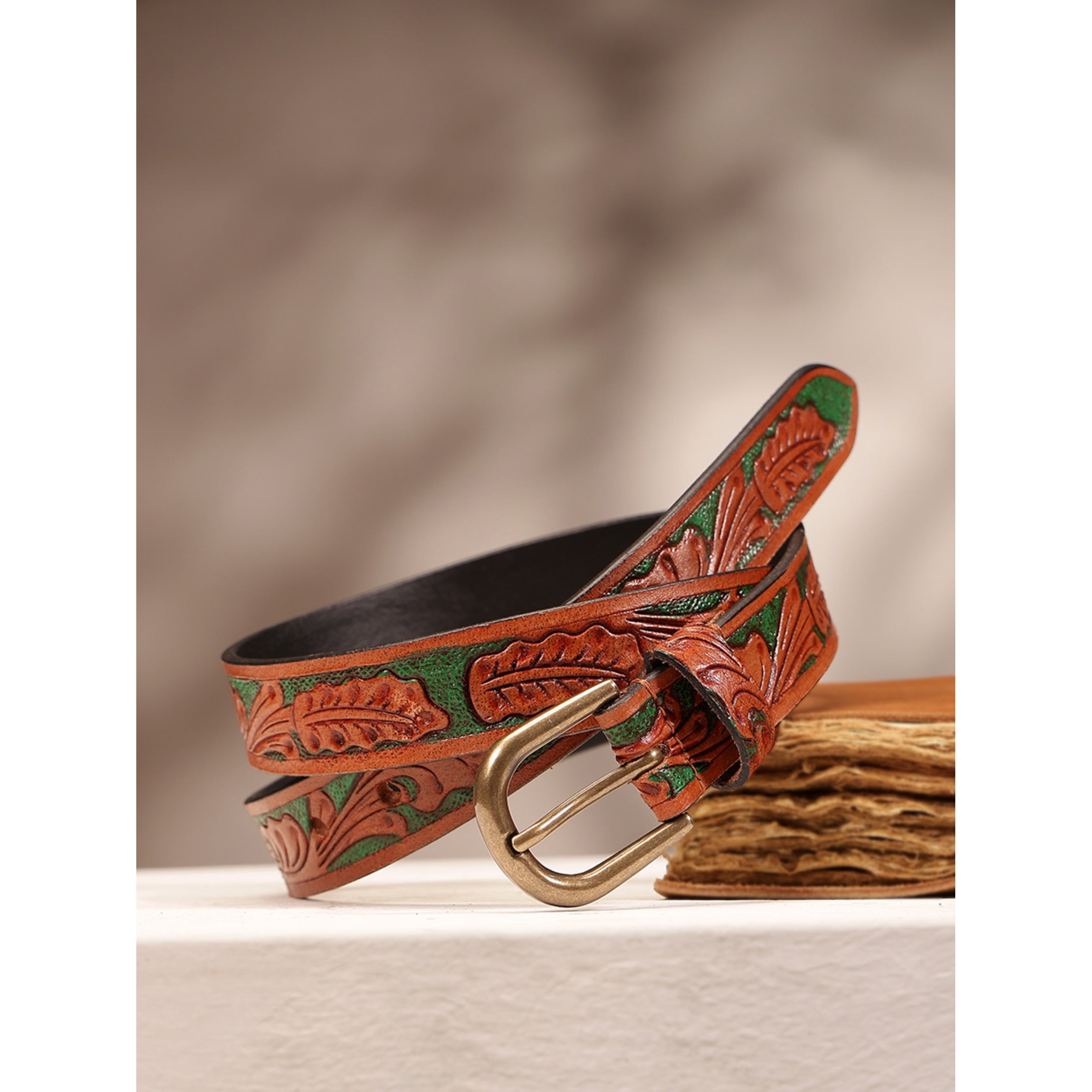 Woman Handcrafted Brown Leather Belt With Leaf Tooling And Polished Silver Buckle