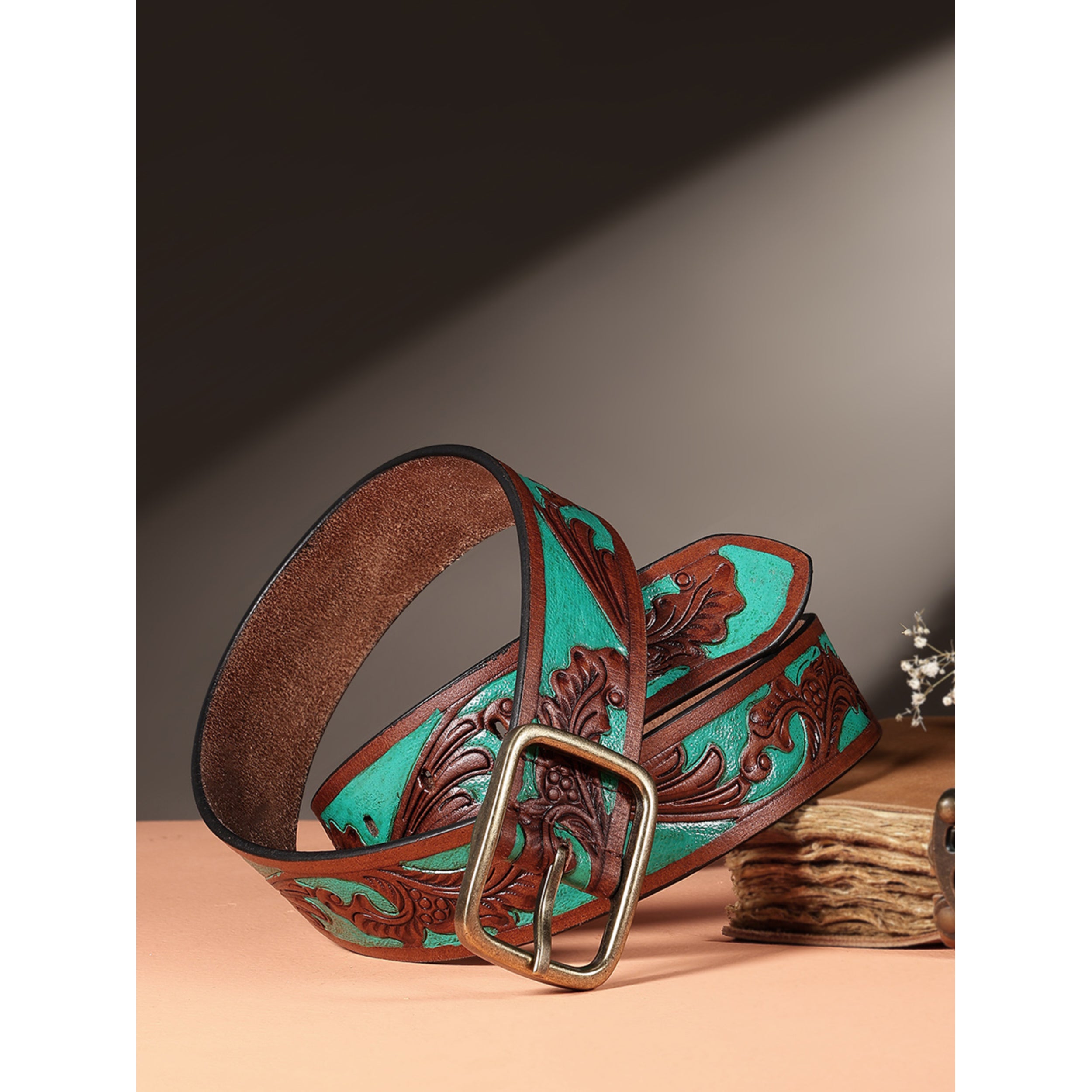 Genuine Leather Embossed Floral Brown Teal Waist Accessory Antique Metal Buckle