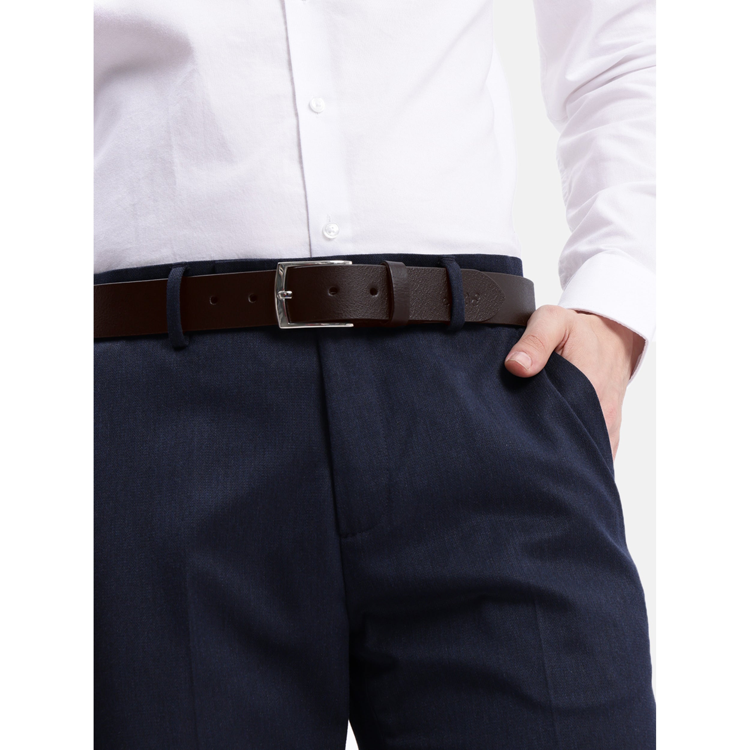 Unisex Genuine Leather Dark Brown Waist Accessory Chrome Buckle Formal Casual Style