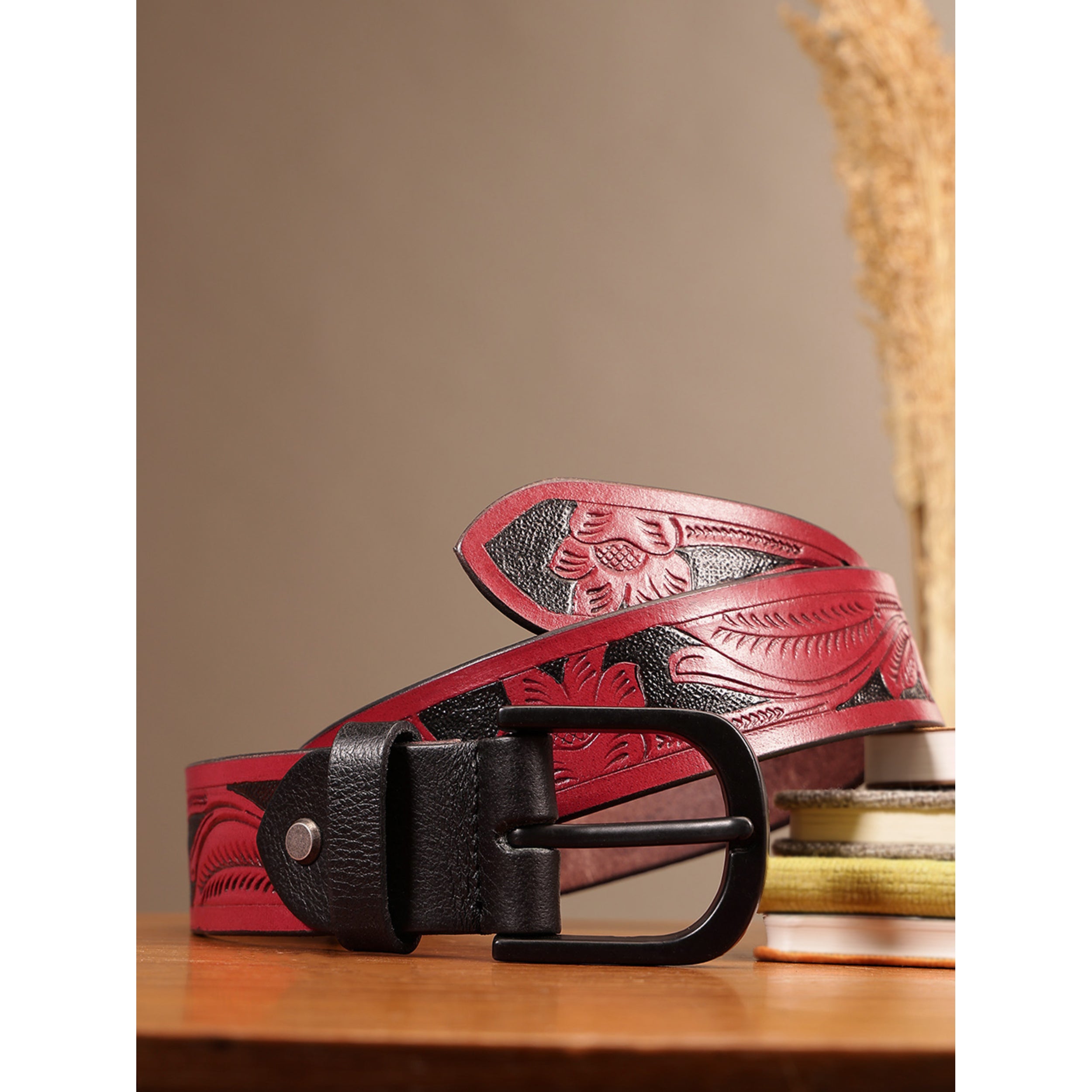 Unisex Genuine Leather Red Floral Embossed Western Casual Waistbelt Matte Black Buckle