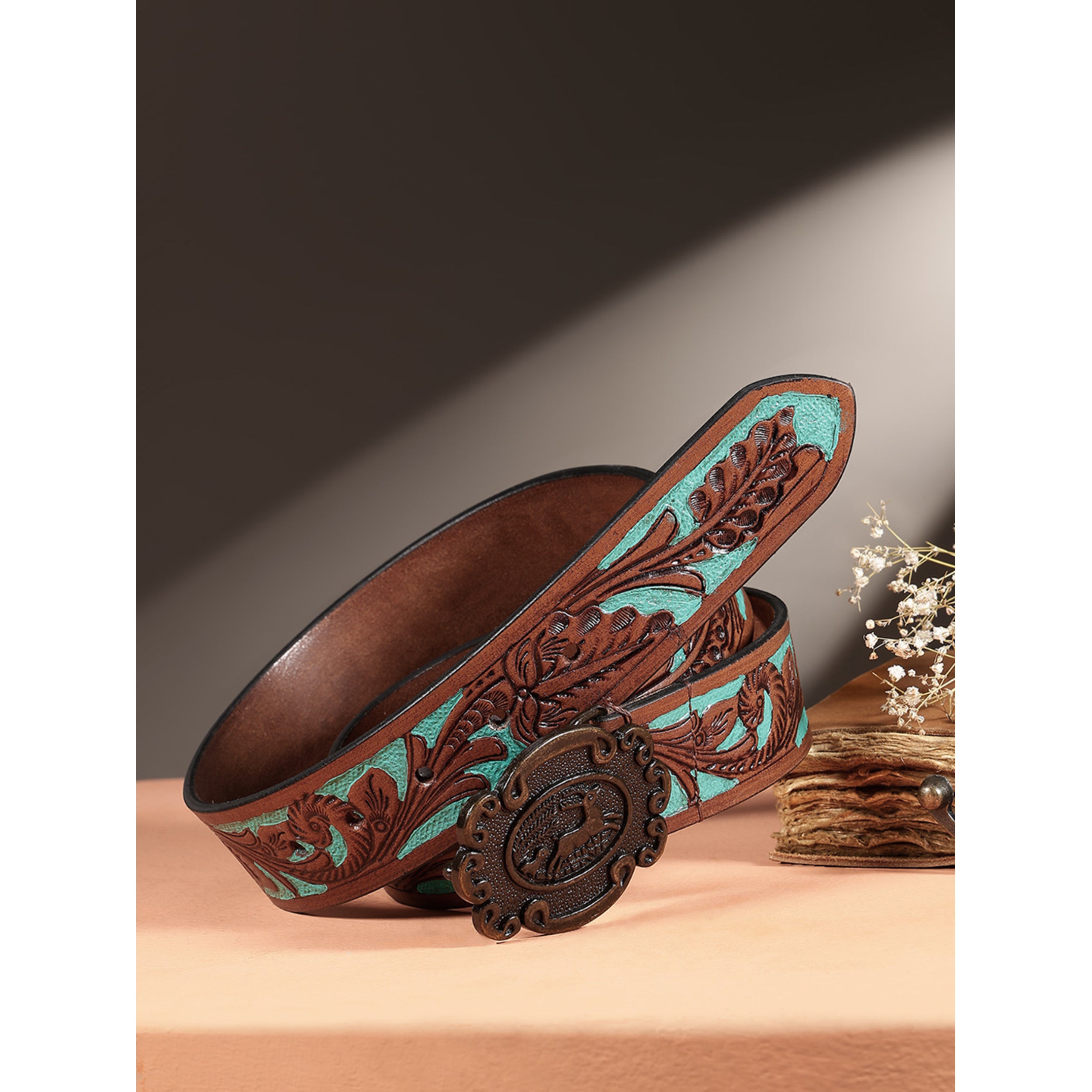 Genuine Leather Embossed Floral Brown Teal Western Waist Accessory Antique Buckle