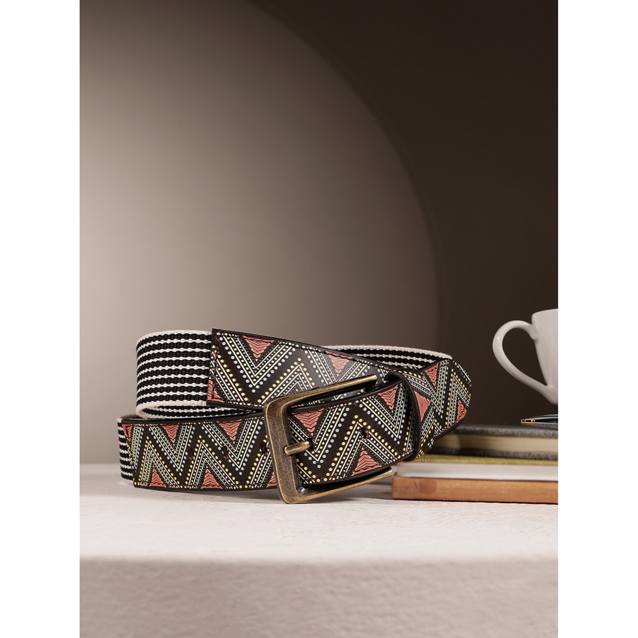 Unisex Genuine Leather Tribal Geometric Elastic Waist Accessory Antique Metal Buckle