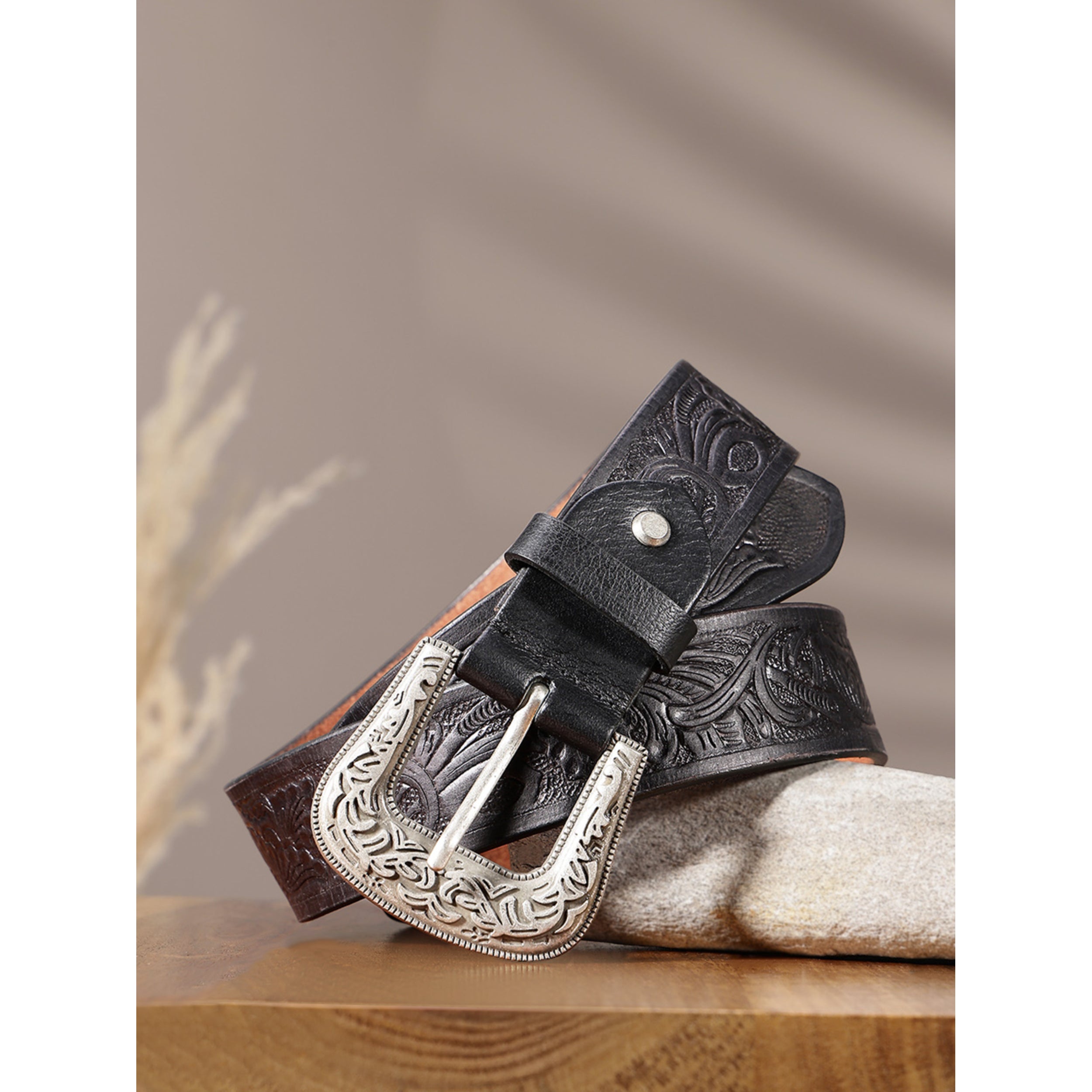 Unisex Genuine Leather Embossed Black Western Waist Accessory Silver Buckle