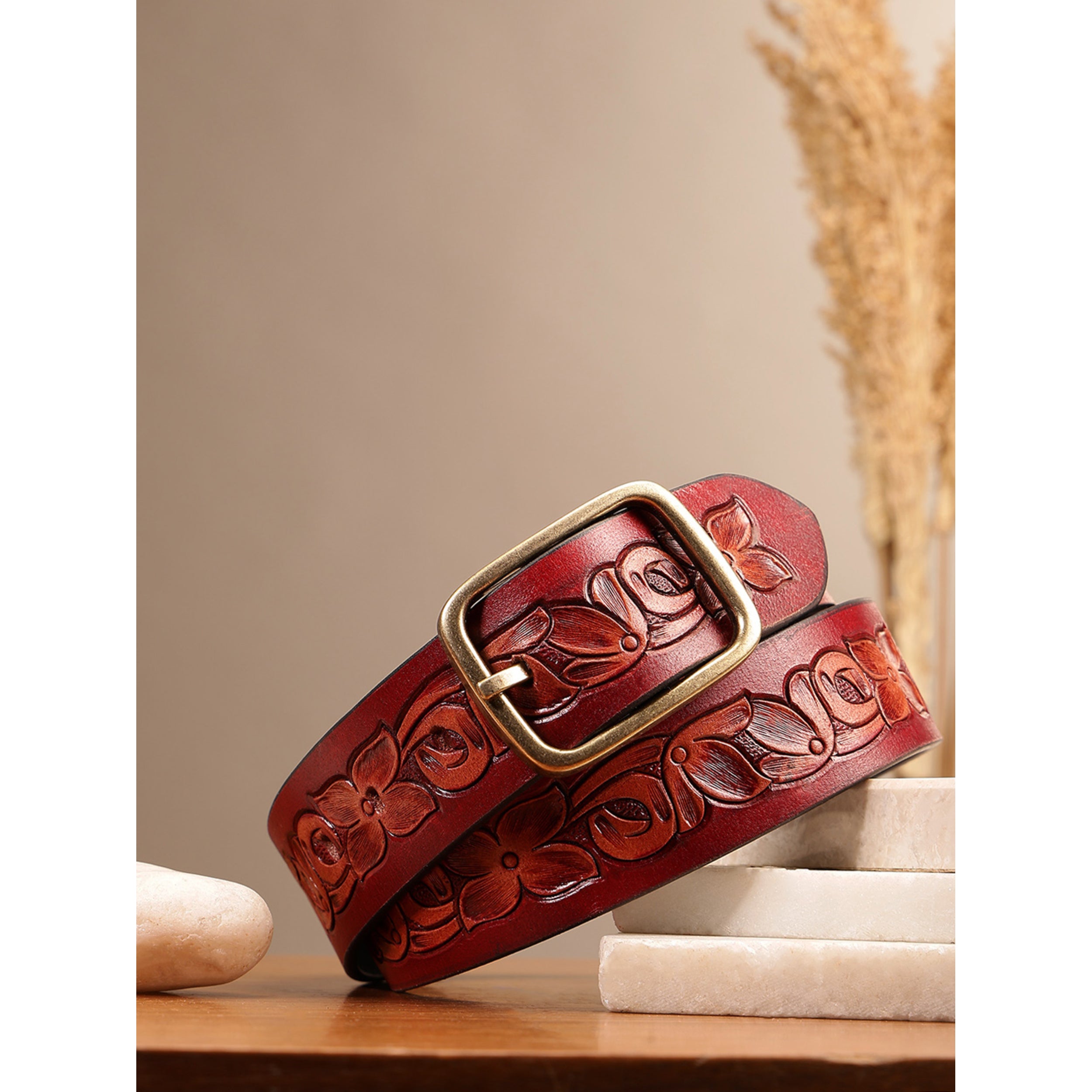 Unisex Handcrafted Floral Leather Belt Vintage Brass Buckle Artisan Carved Waistwear