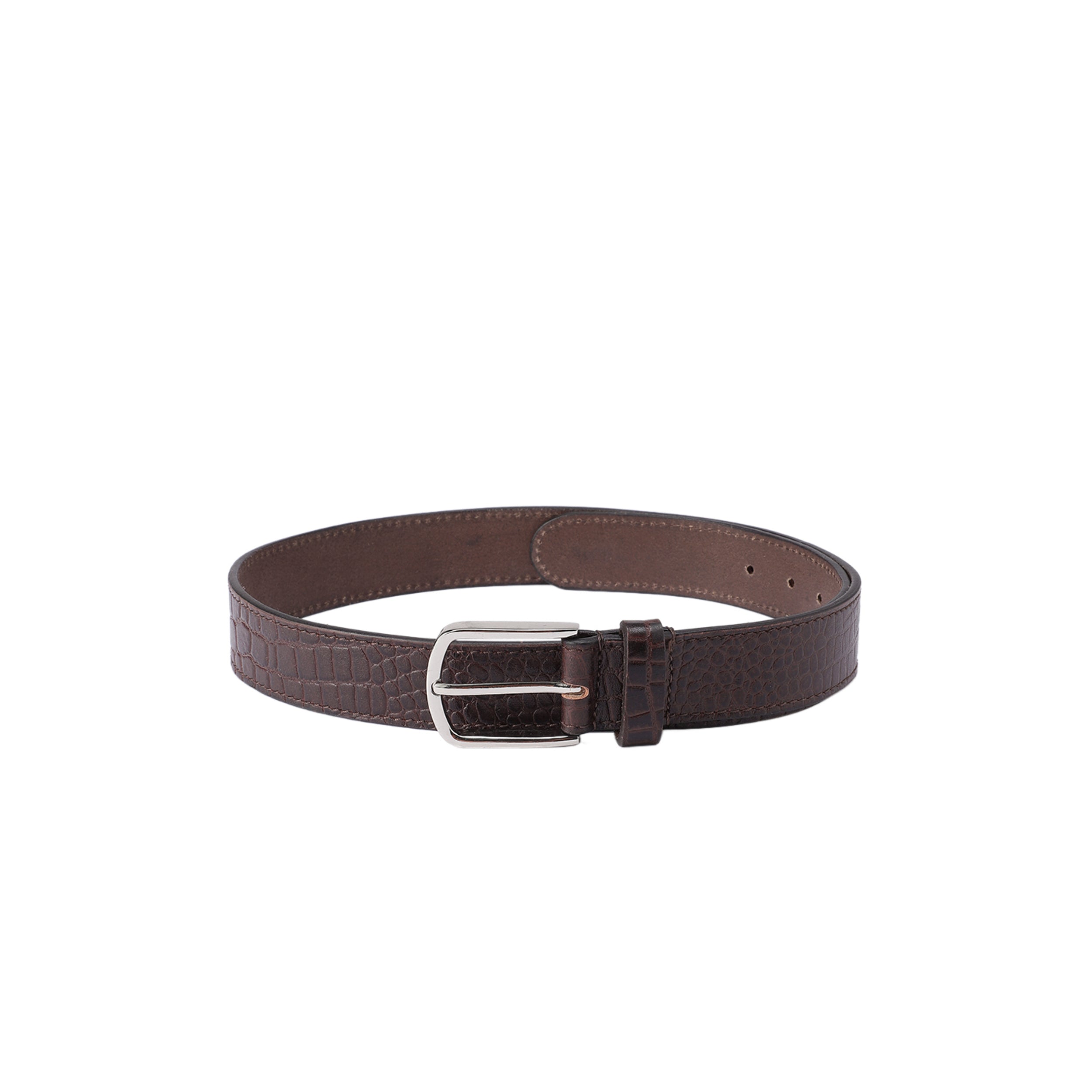 Unisex Croc Texture Brown Leather Belt with Polished Metal Buckle Stylish Wear