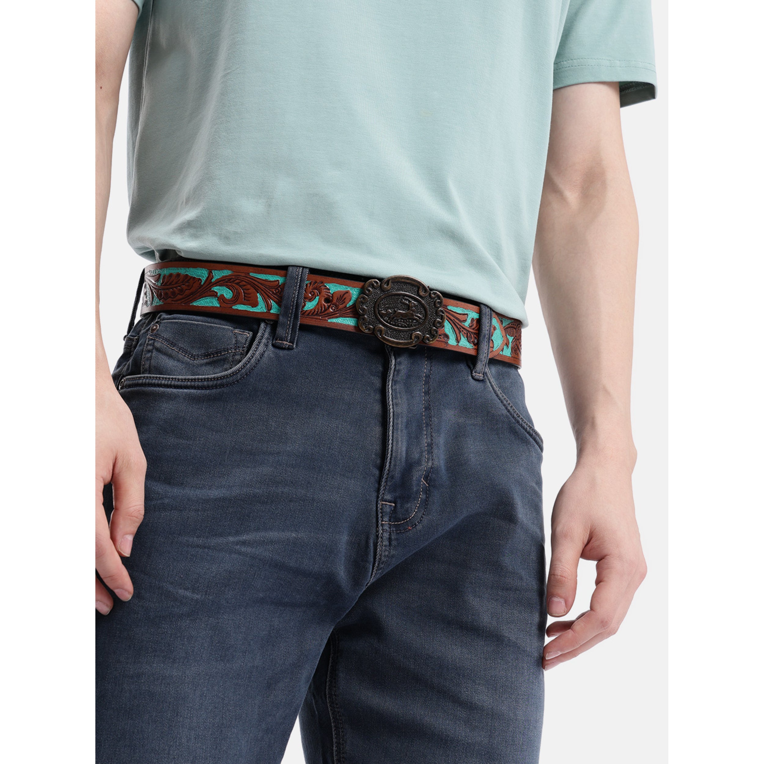 Genuine Leather Embossed Floral Brown Teal Western Waist Accessory Antique Buckle