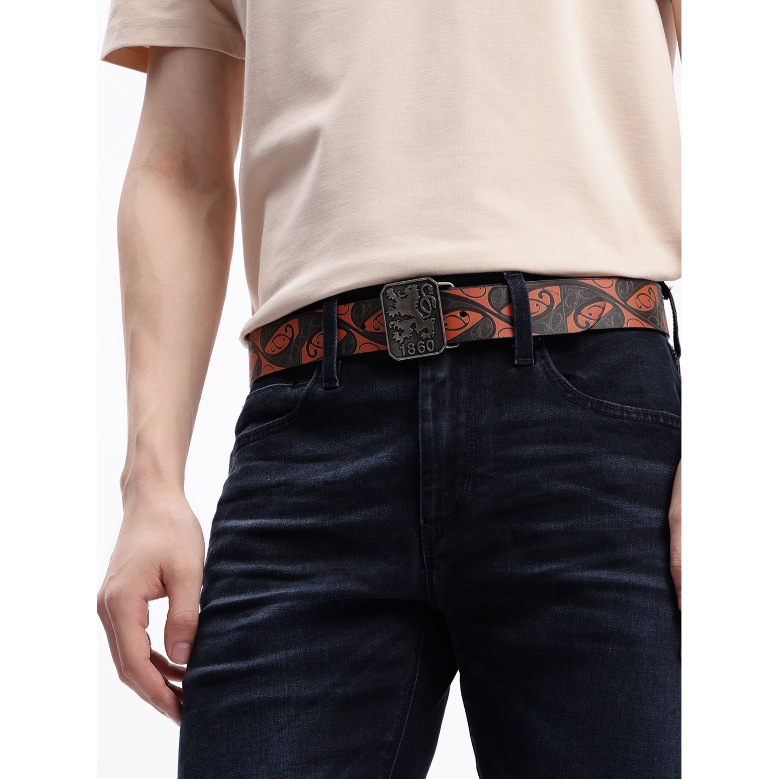 Men Genuine Leather Red Black Tribal Scroll Waist Belt with Antique Emblem Buckle