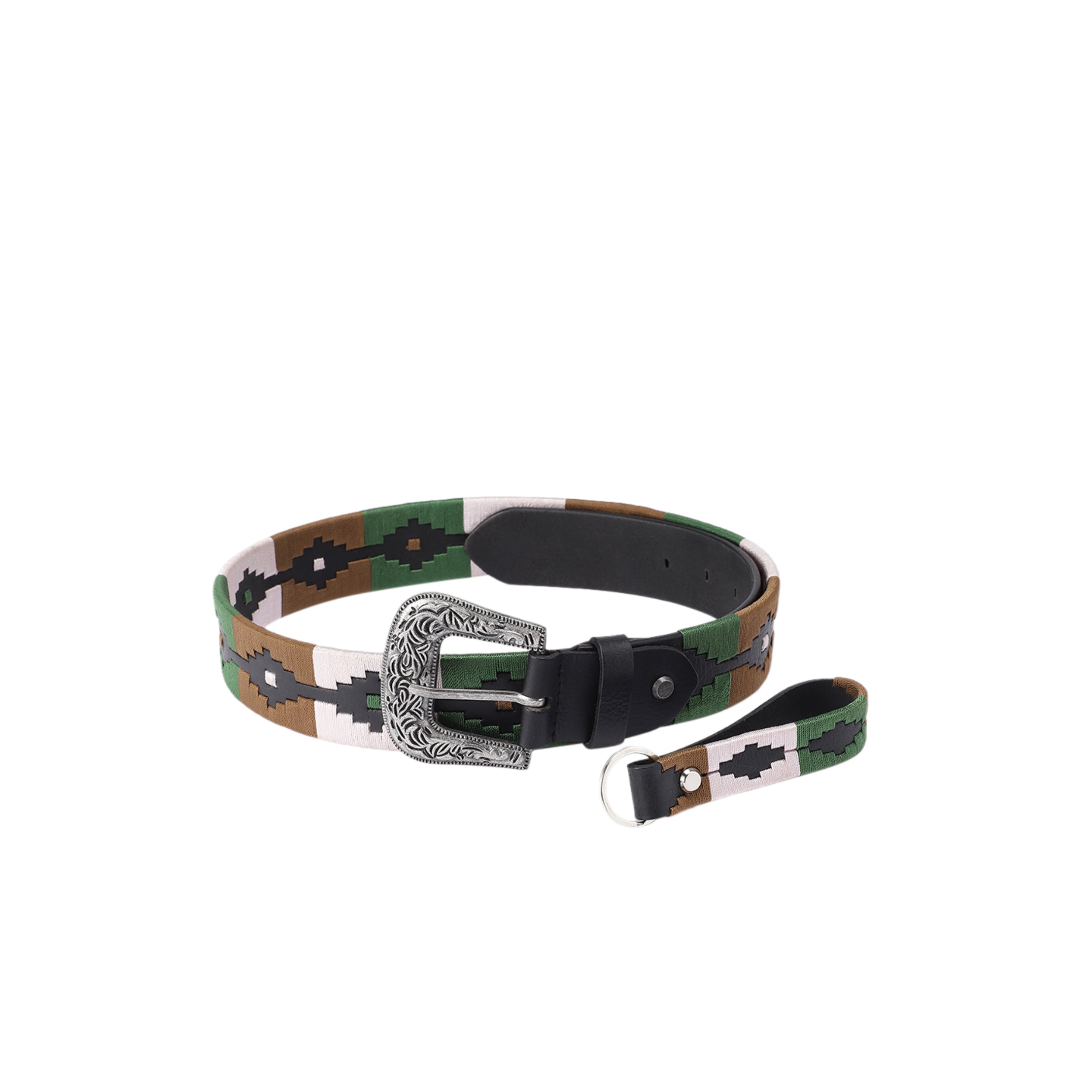 Unisex Handcrafted Leather Belt With Woven Aztec Pattern Antique Buckle For Men