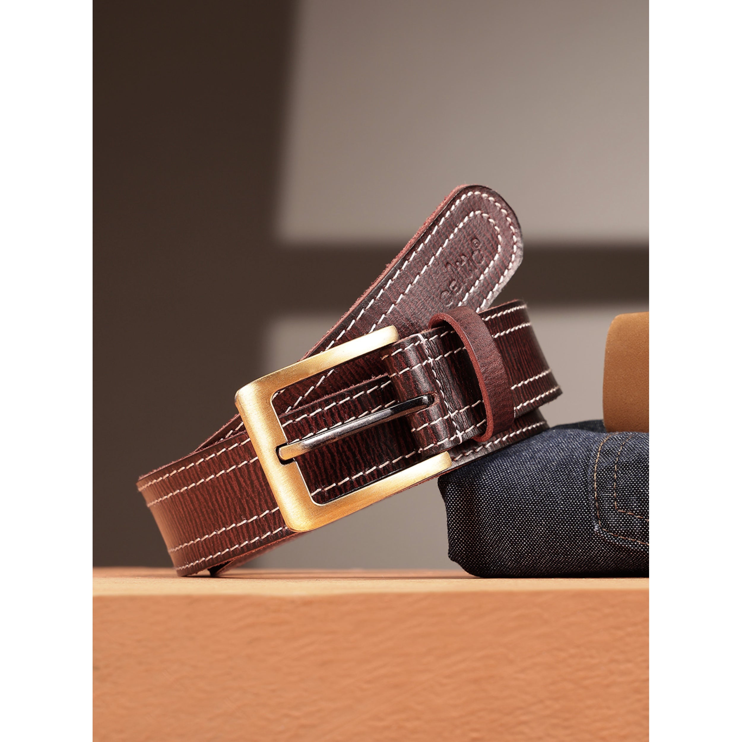 Unisex Genuine Leather Maroon Belt With  Contrast Stitching and  Brass Buckle
