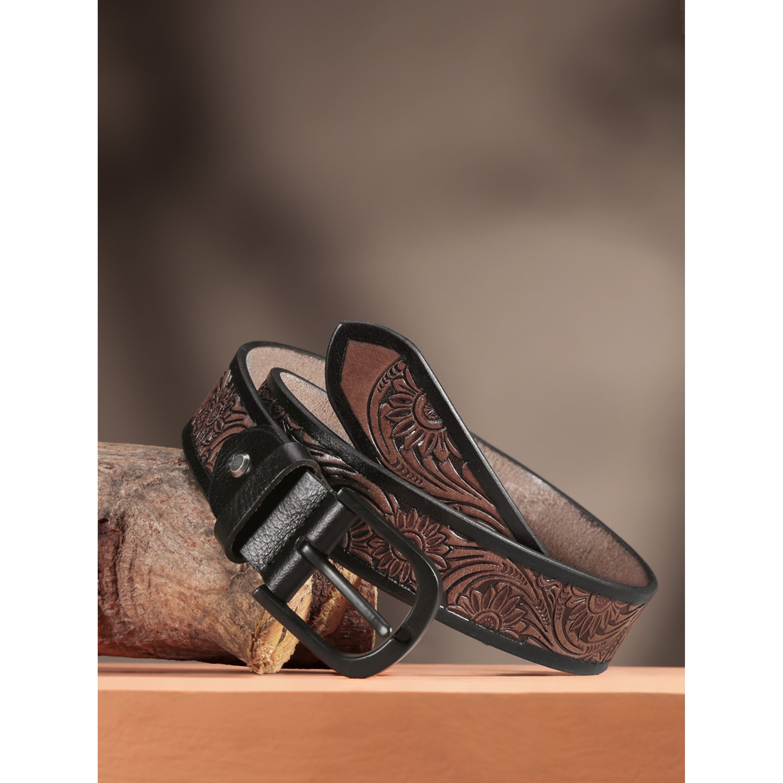 Unisex Genuine Leather Floral Embossed Brown Waist Accessory Matte Black Buckle