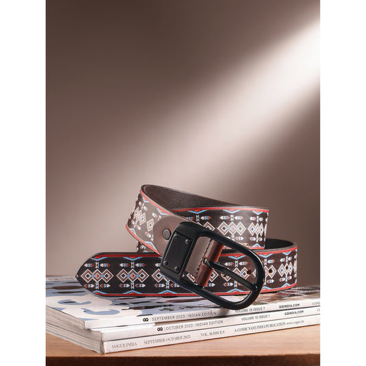 Unisex Tribal Patterned Leather Belt With Geometric Print Matte Black Buckle Handmade Style.