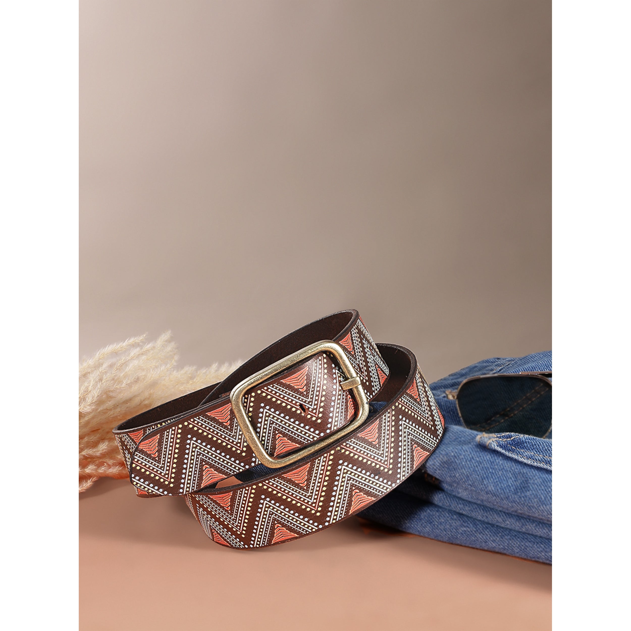 Unisex Genuine Leather Tribal Geometric Multicolor Waist Accessory Antique Buckle