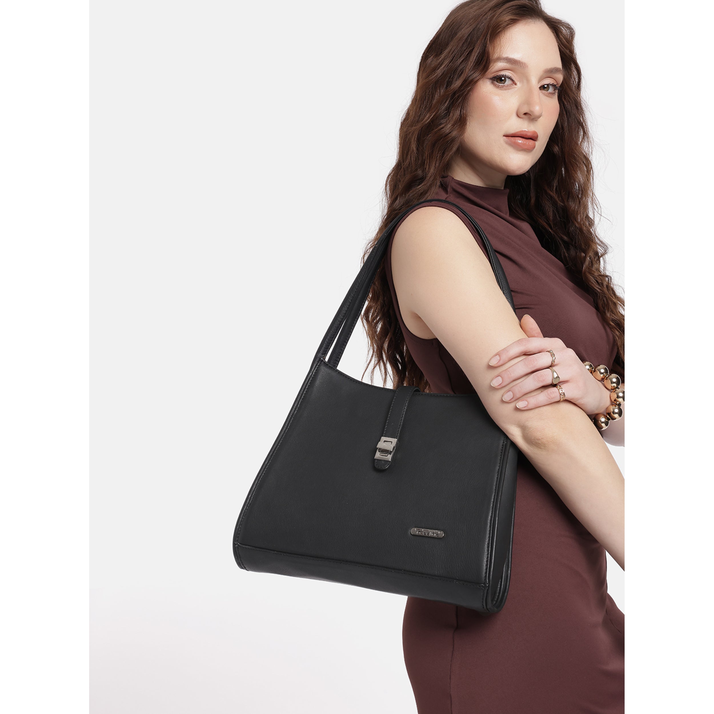 Premium Leather Shoulder Handbag with Lock Closure, Zip Compartments