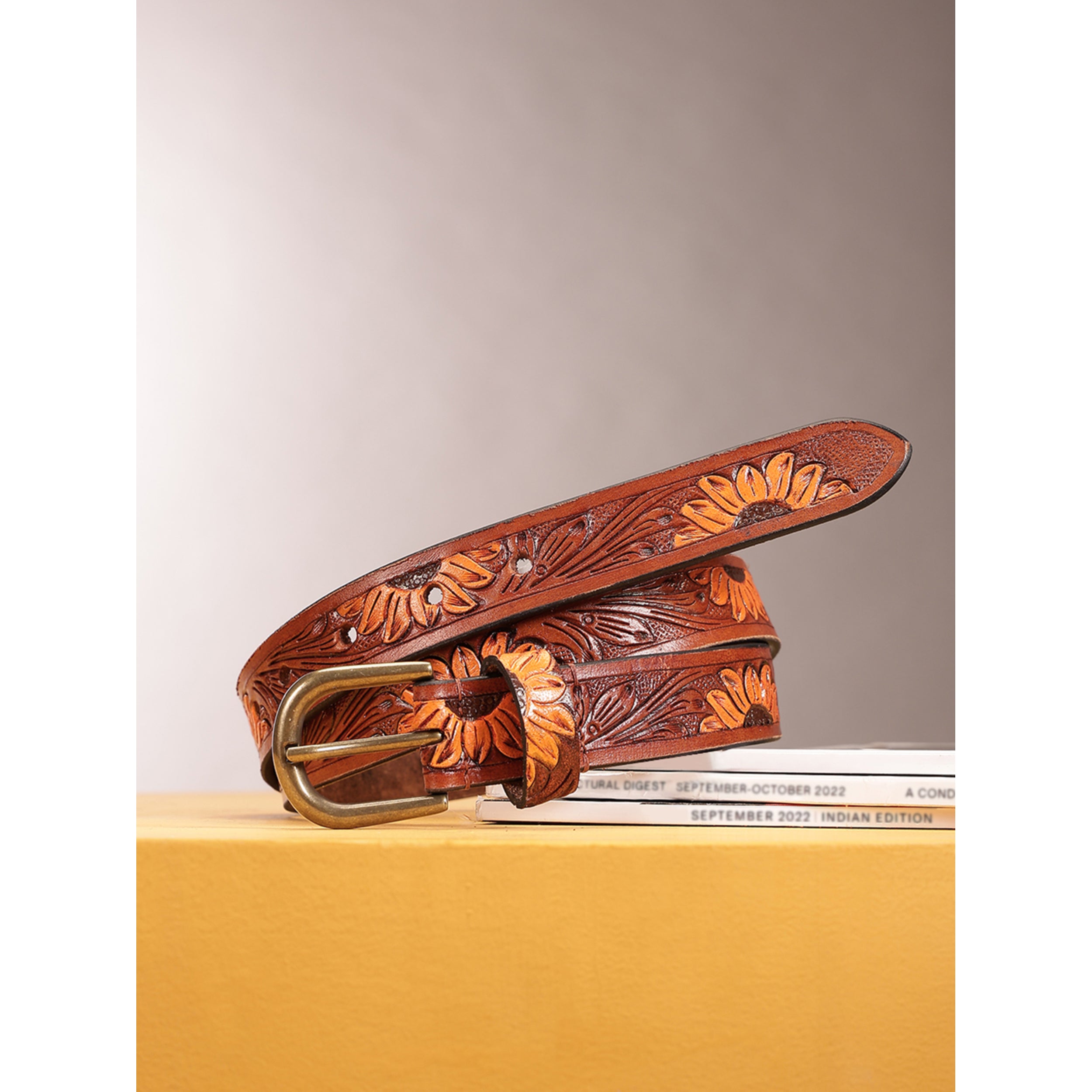 Genuine Leather Embossed Brown Orange Sunflower Western Waist Accessory Brass Buckle