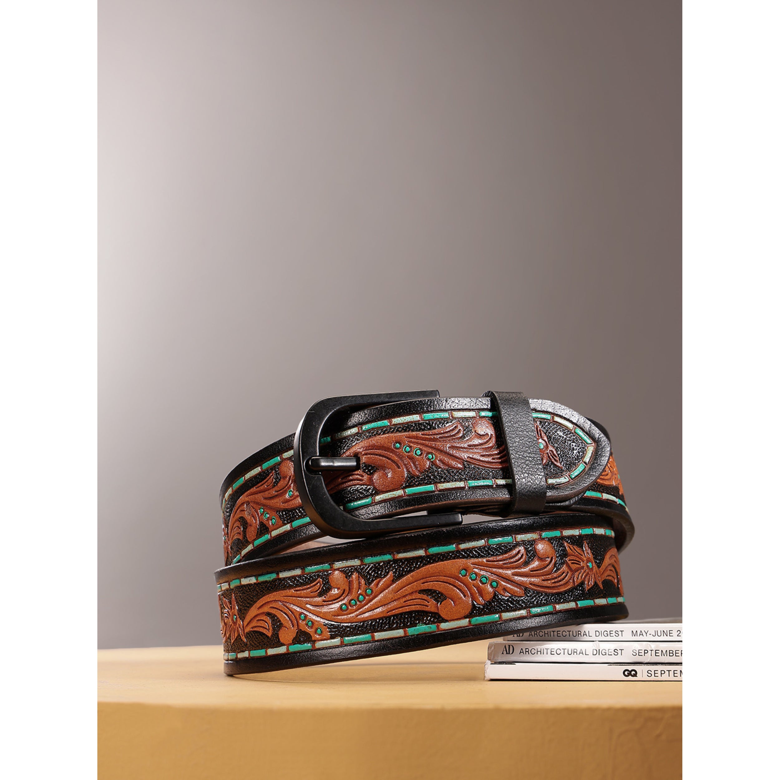 Unisex Genuine Leather Embossed Brown Turquoise Western Casual Waistbelt Matte Black Buckle