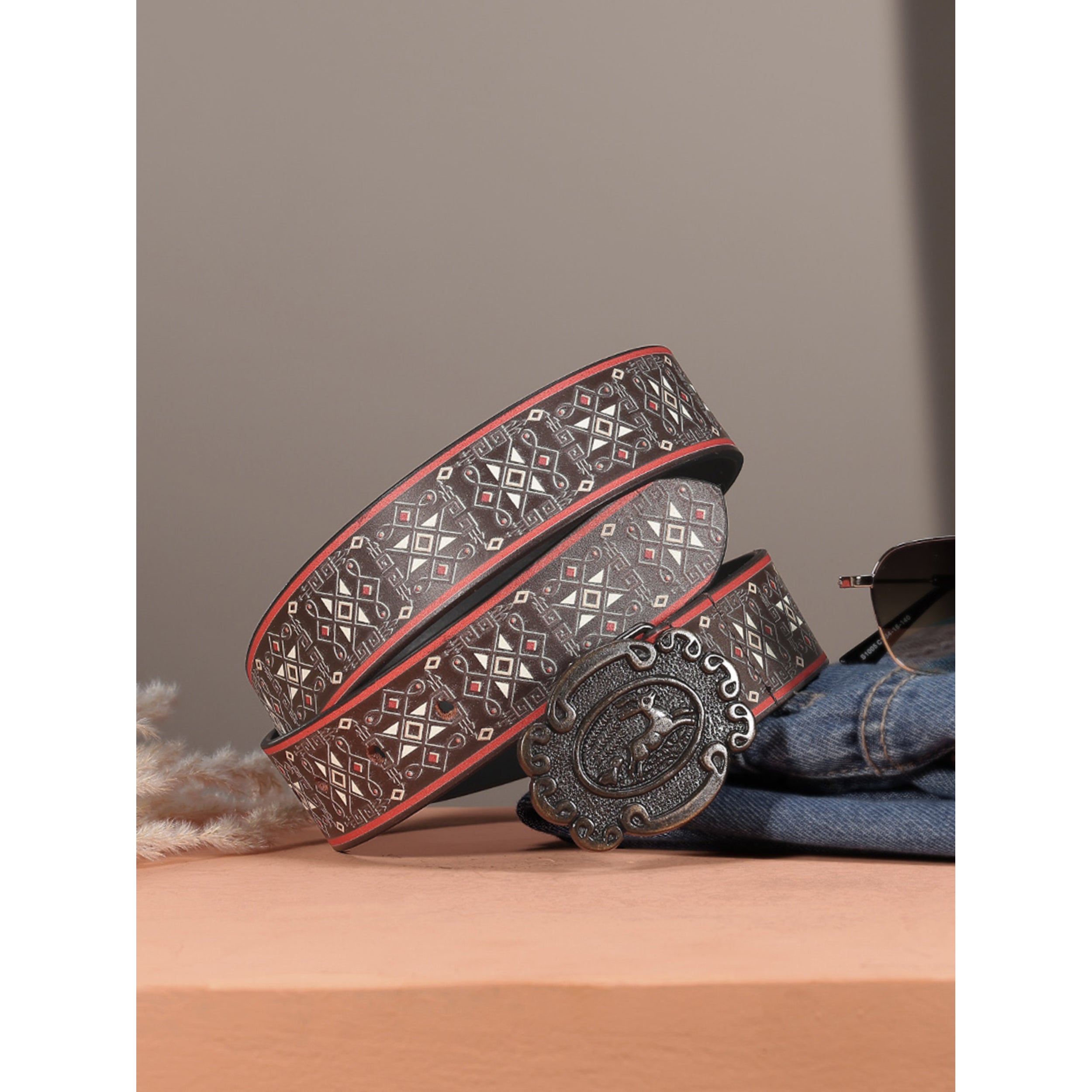 Unisex Genuine Leather Geometric Tribal Black Red Waist Belt Antique Buckle