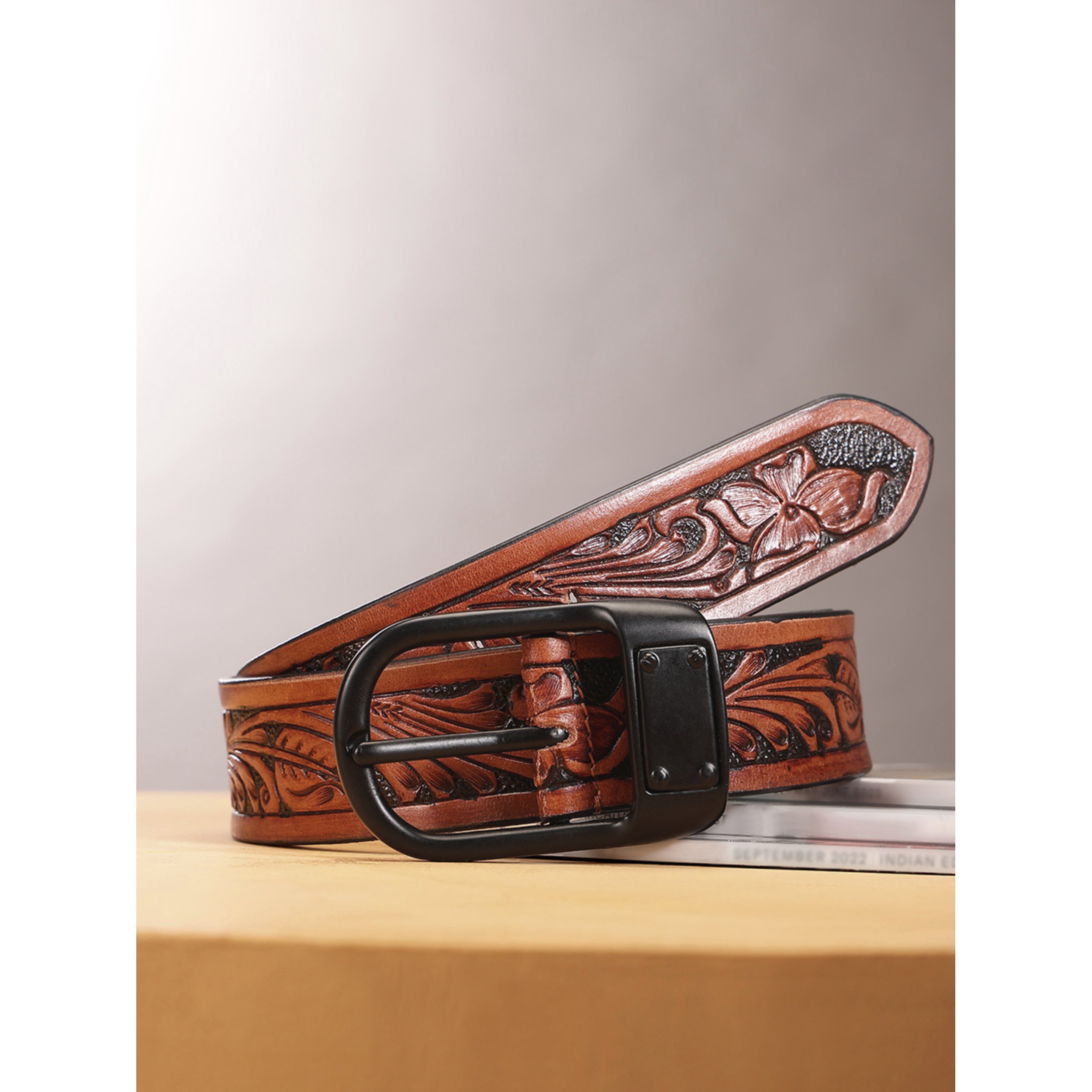 Unisex Genuine Leather Brown Floral Tooled Western Waistbelt Matte Black Buckle