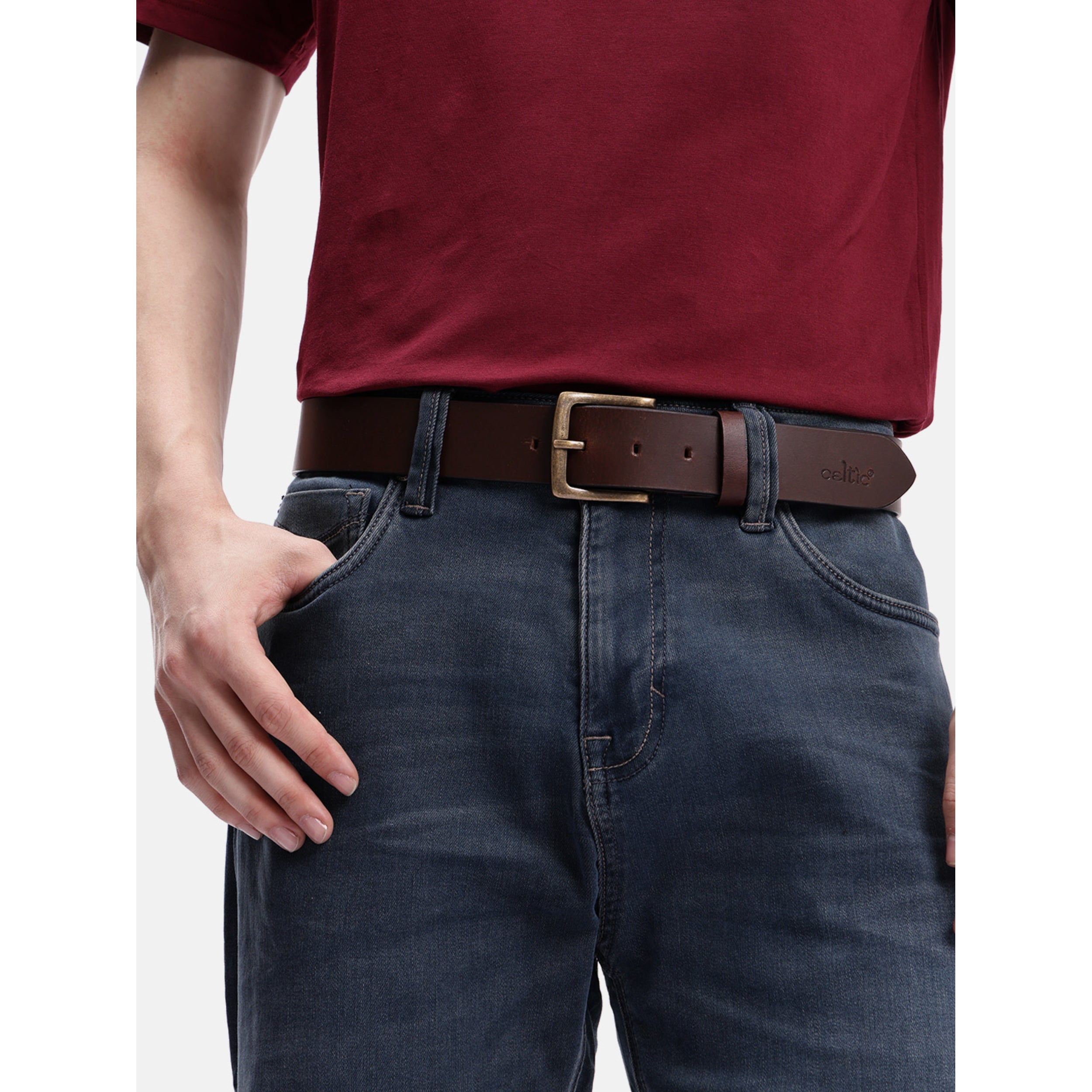 Premium Leather Dark Brown Waist Accessory Antique Metal Buckle Formal Casual Wear
