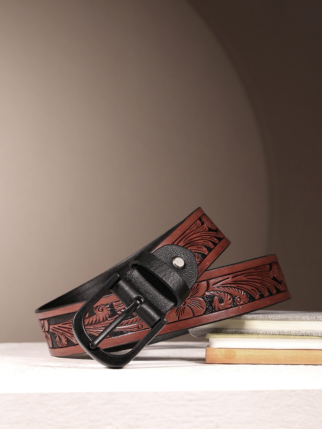 Unisex Genuine Leather Brown Floral Embossed Western Casual Waistbelt Matte Black Buckle