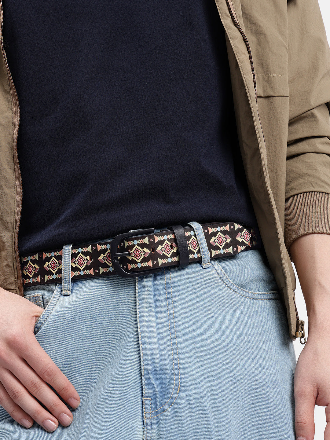 Unisex Geometric Patterned Canvas Leather Belt With Metal Buckle For Casual Everyday Wear