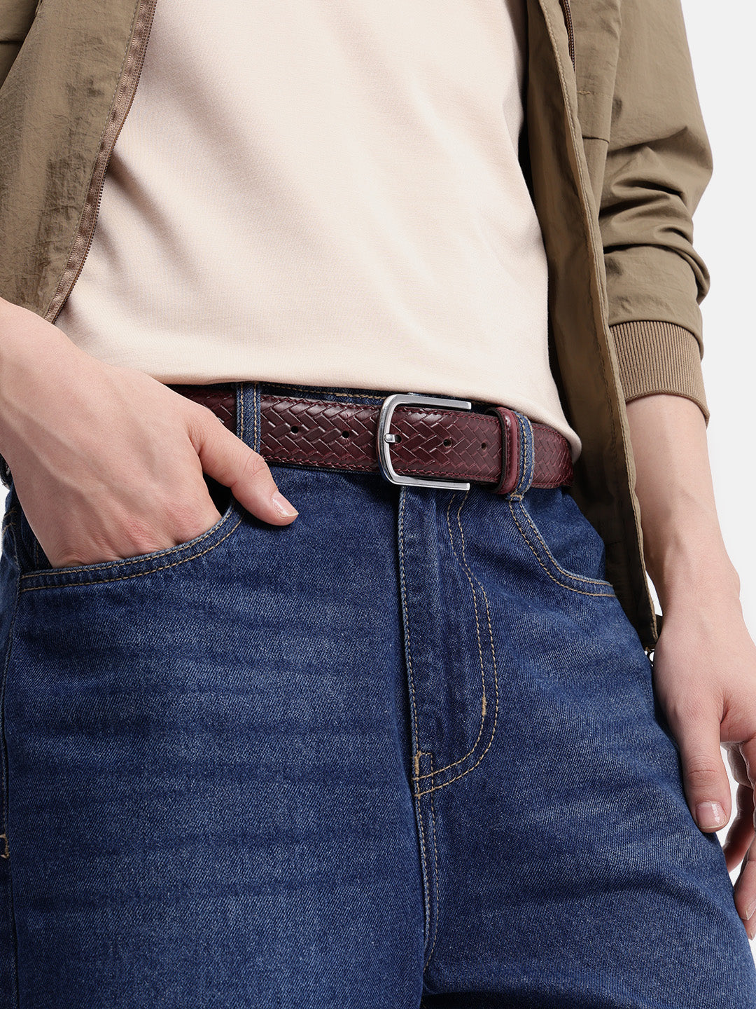 Brown Woven Texture Leather Belt With Silver Buckle Stylish Durable Everyday Wear
