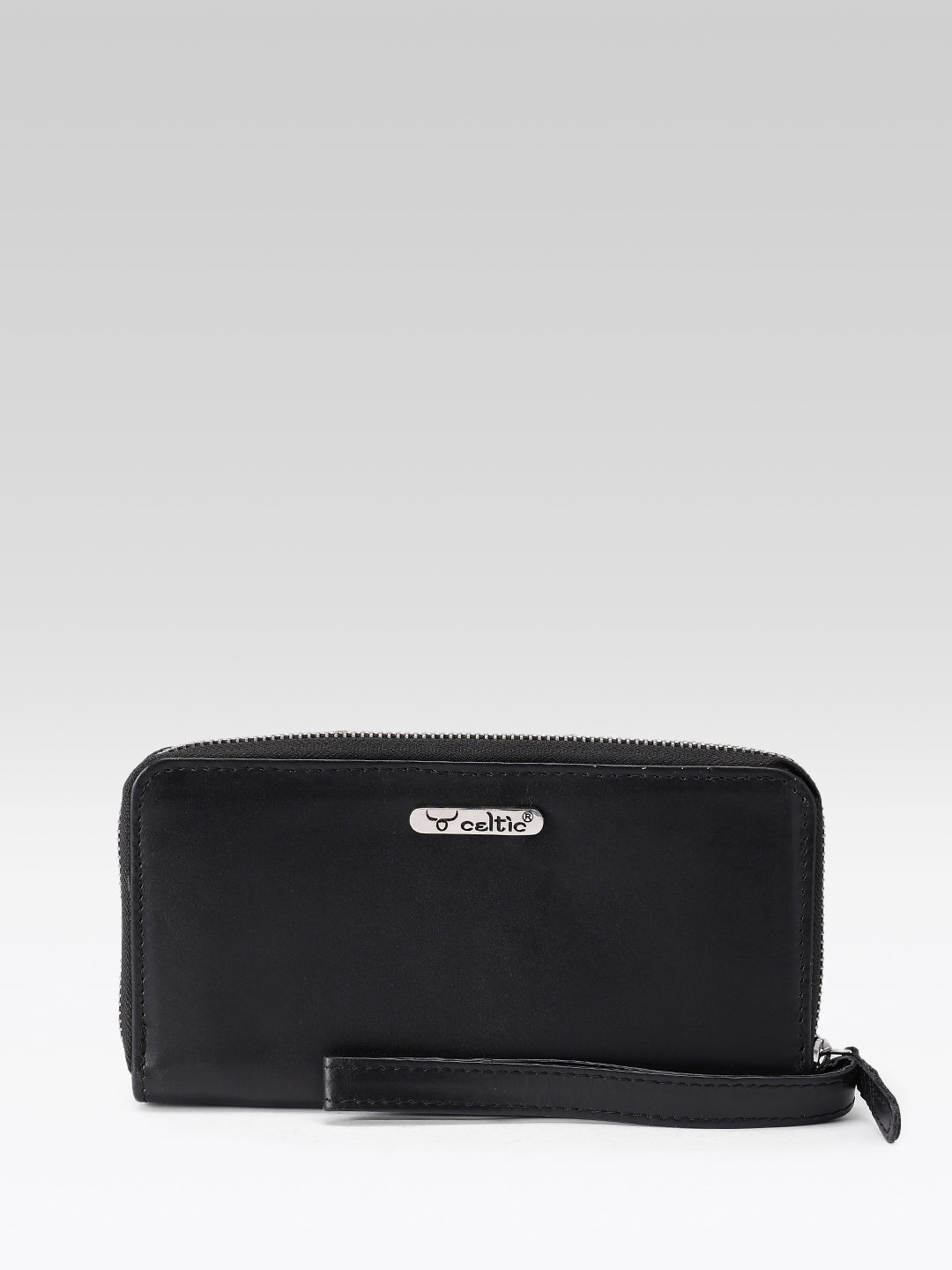Premium Black Leather Zip-Around Wallet with Wrist Stra