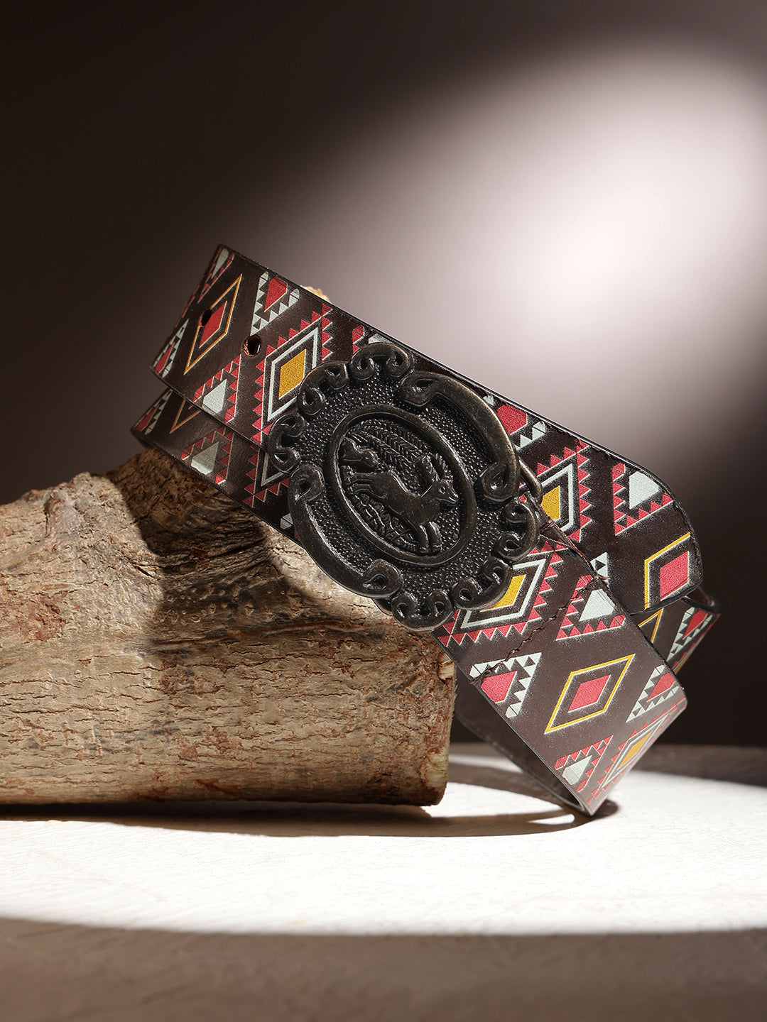 Unisex Tribal Patterned Leather Belt With Antique Medallion Buckle For Casual Western Wear