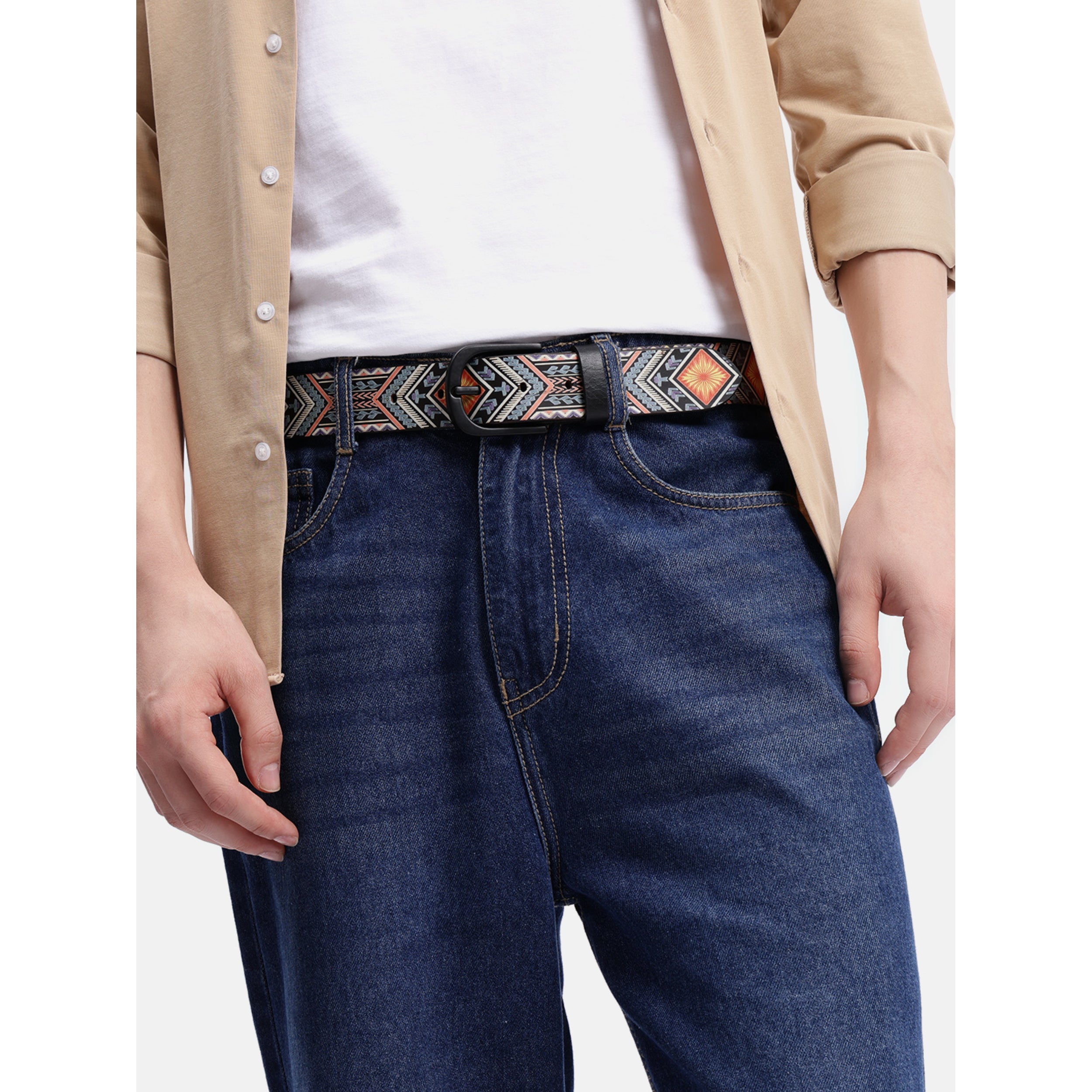 Men Genuine Leather Tribal Geometric Multicolor Waist Accessory Matte Buckle