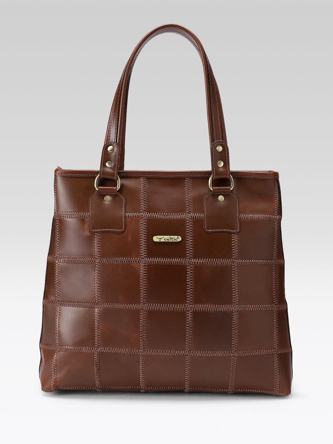 Genuine Leather Brown Tote Bag with Patchwork Design and Top Zip Closure