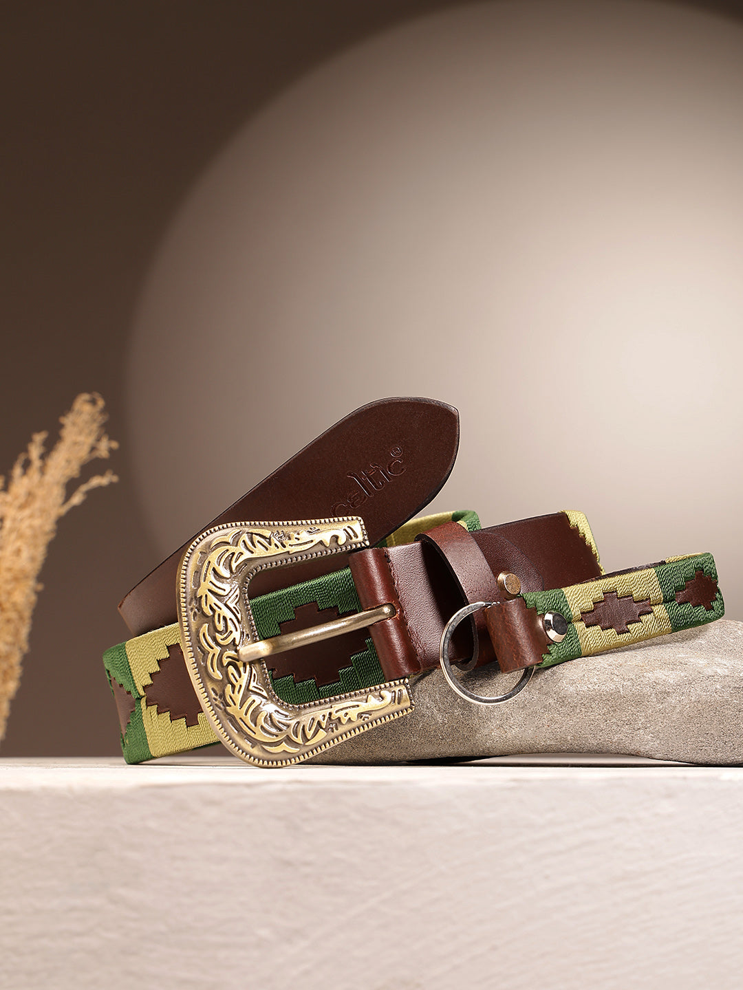Unisex Handcrafted Leather Woven Green Buckle Artisan Casual Wear Accessory