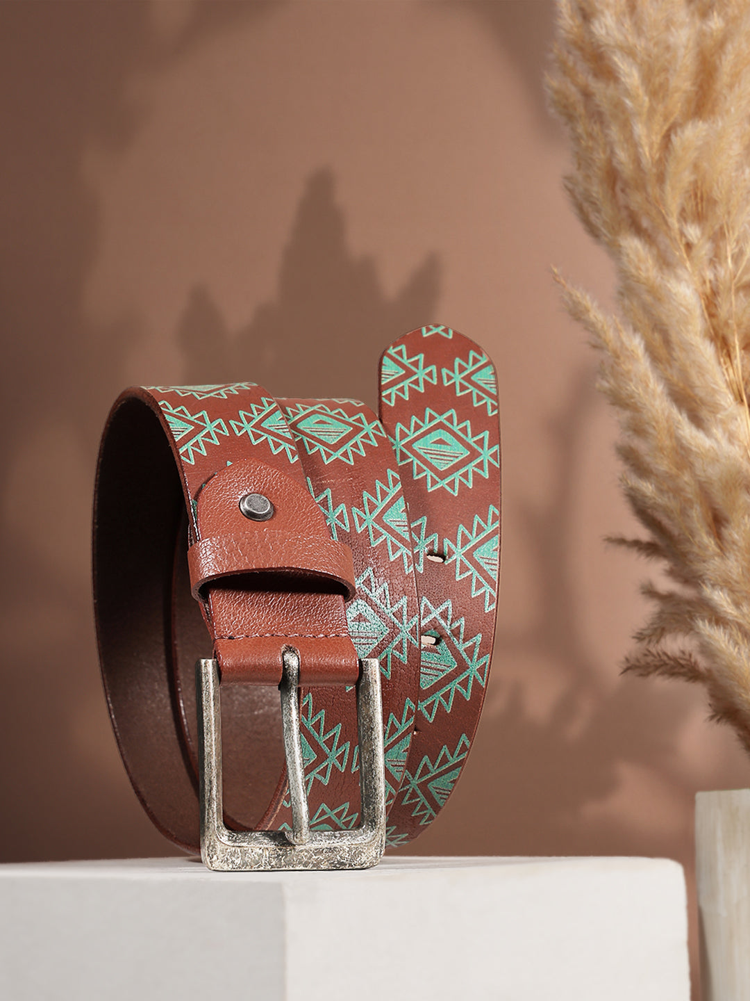 Unisex Geometric Ethnic Printed Leather Belt With Silver Buckle For Casual Wear
