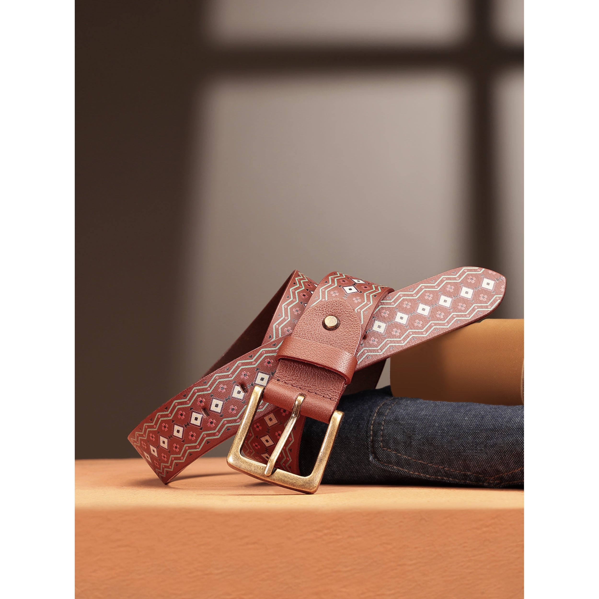 Premium Printed Tan Leather Belt & Woven Wallet Combo for Men | Ethnic Designer Casual Gift Set