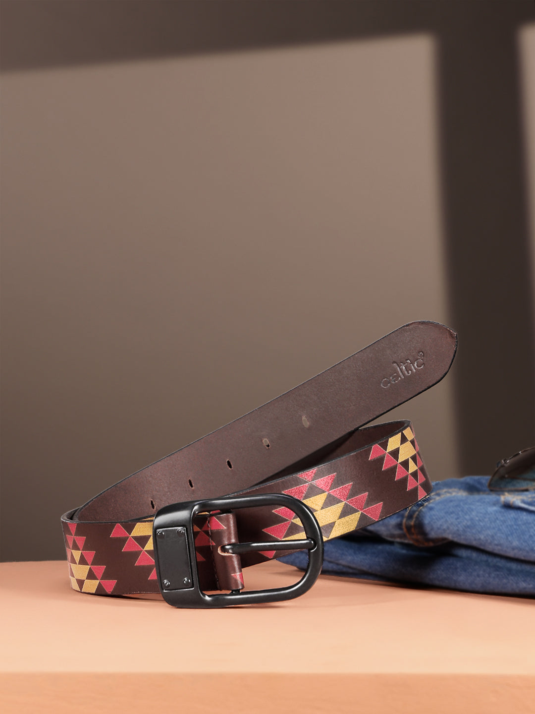 Unisex Geometric Tribal Print Leather Belt With Matte Black Buckle Stylish Casual Wear